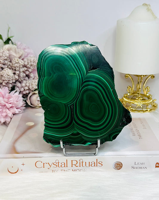 Large Thick Natural AAA Malachite Slab From Congo On Stand 12cm 489g