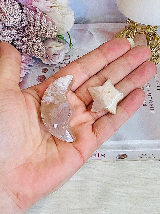 Flower Agate Carved Moon & Star