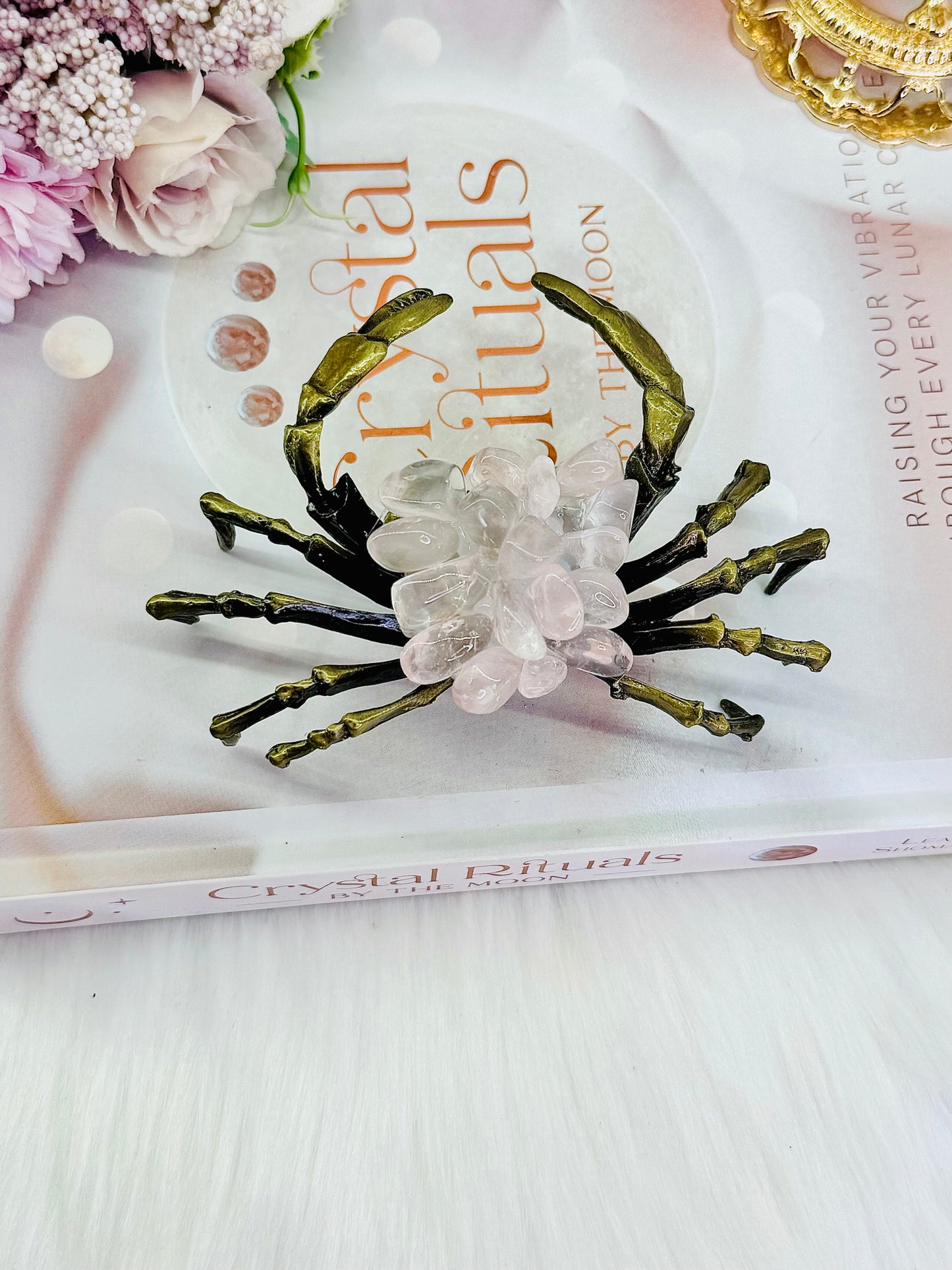 Stunning Large Rose Quartz Crab with Gold Metal Legs