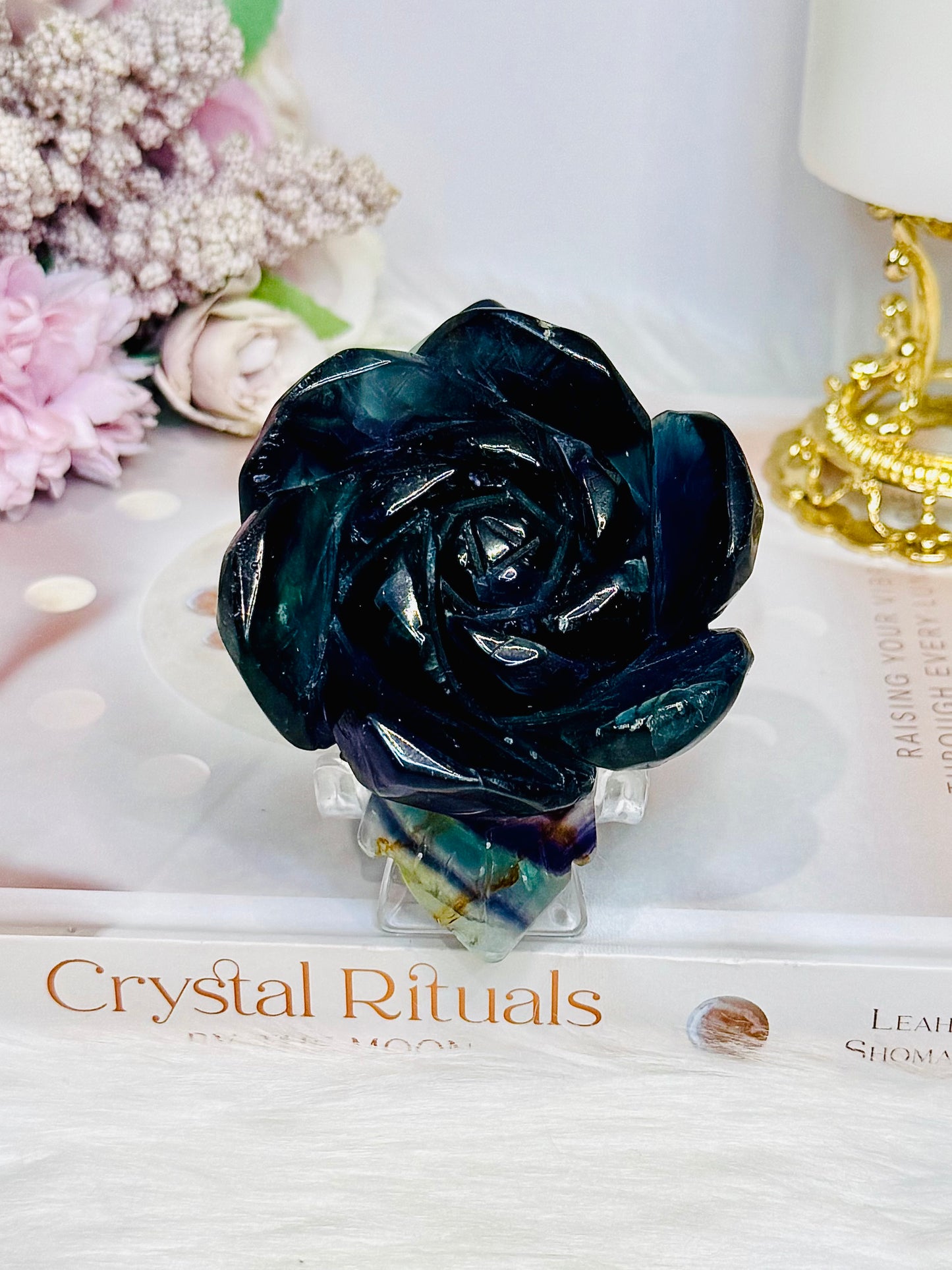Fluorite Carved Flower On Stand 10cm 277g