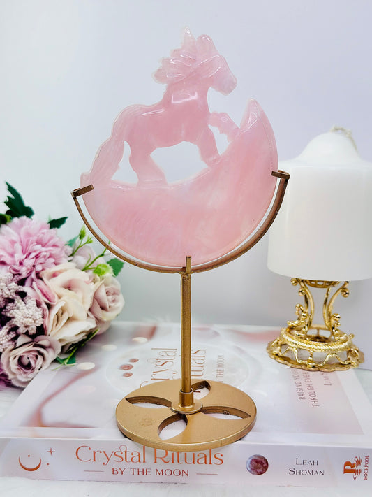 Gorgeous Rose Quartz Carved Rocking Horse On Gold Stand Tall 21cm