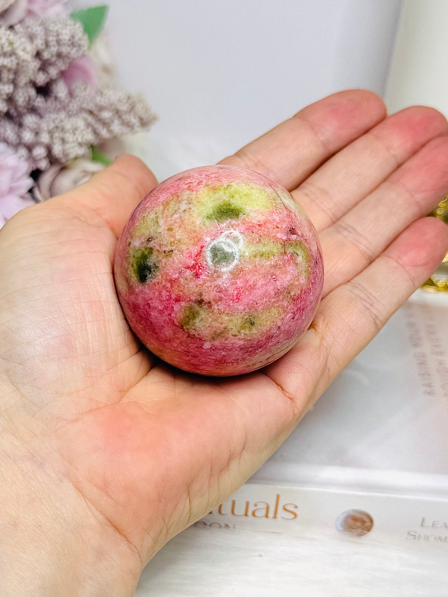 Thulite Sphere with Epidote 202g On Stand