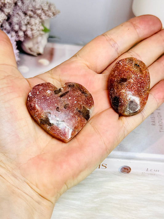 High Grade Golden Sunstone Carved Heart & Palmstone Set