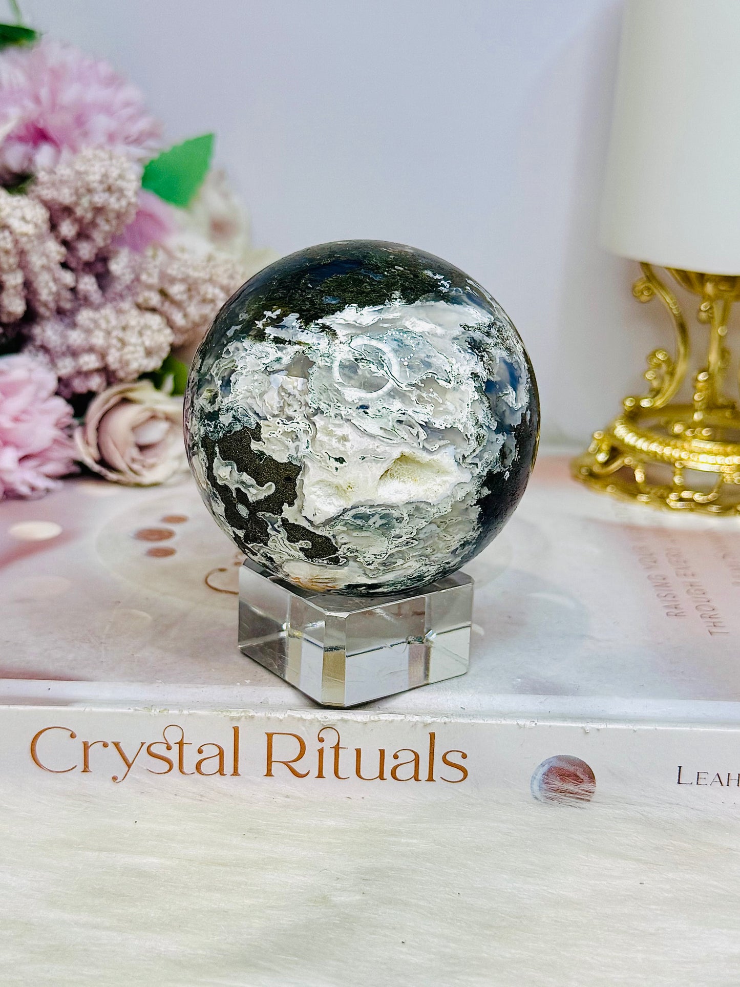 Moss Agate Sphere on Stand 368g