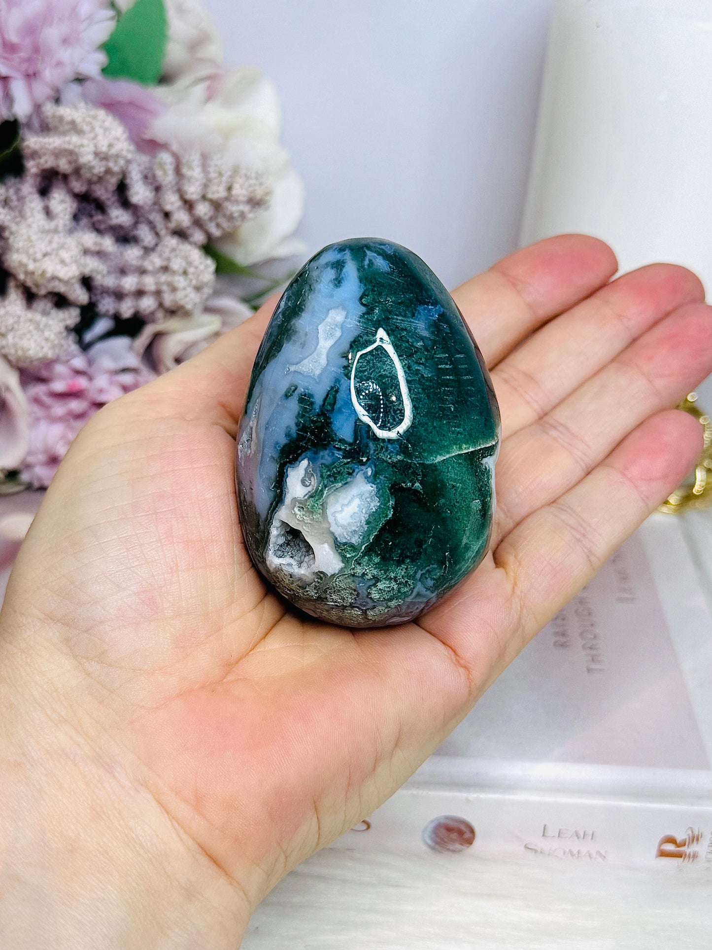 Moss Agate Druzy Carved Egg On Stand 7cm