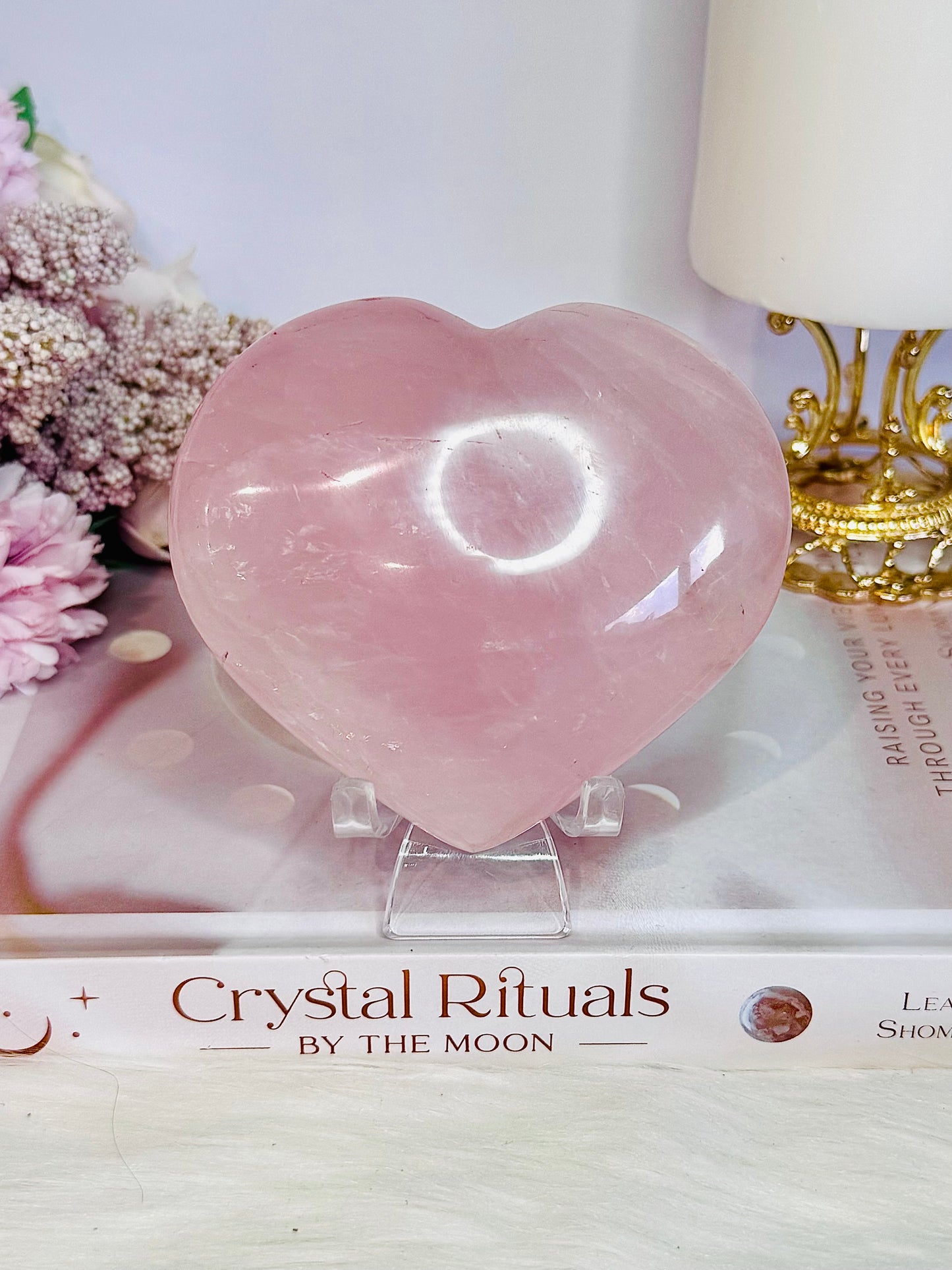 Stunning Large Puffy 10cm Pink Rose Quartz Carved Heart Crystal On Stand