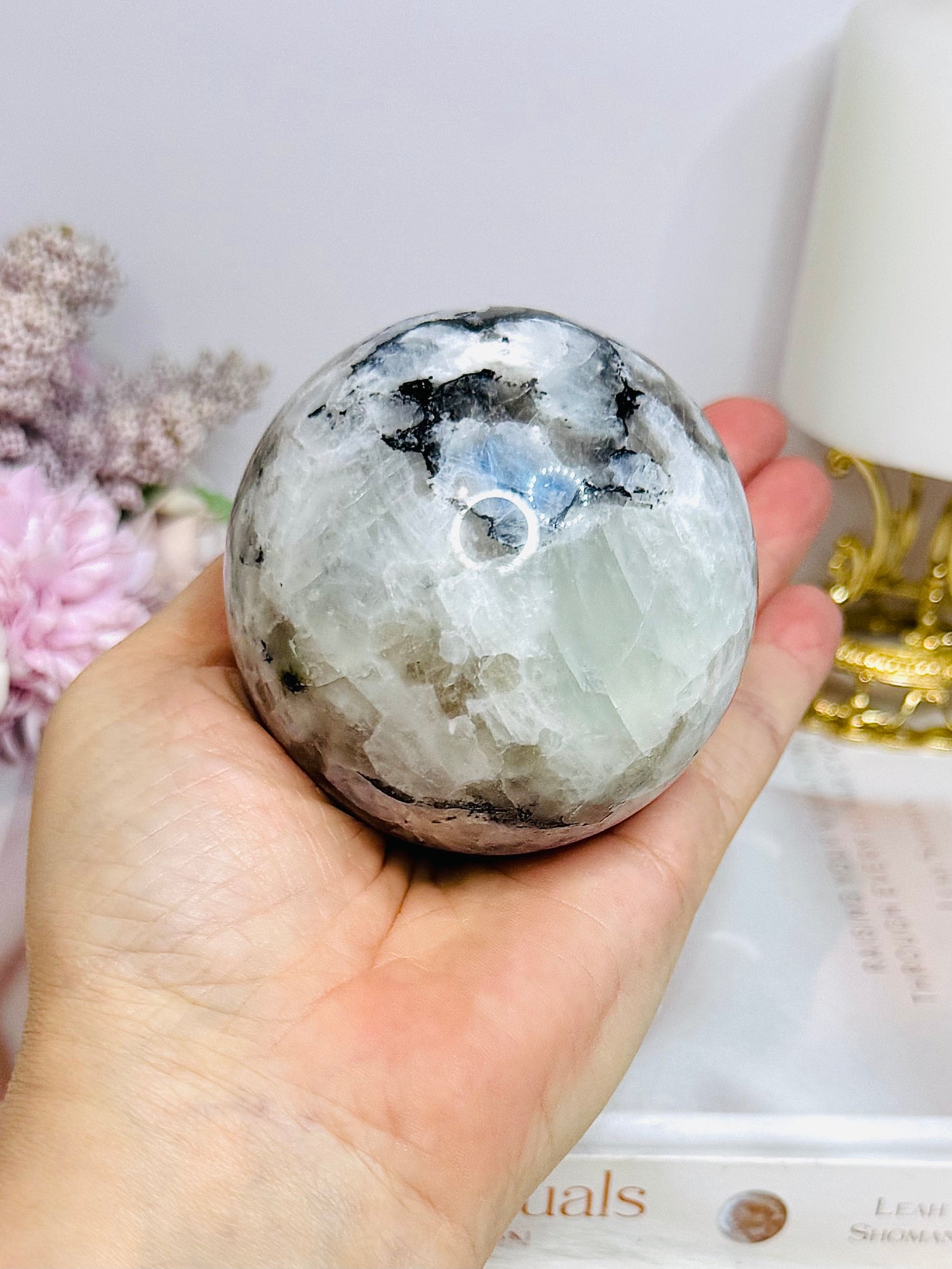 Large Rainbow Moonstone Sphere with Blue Flash 464g