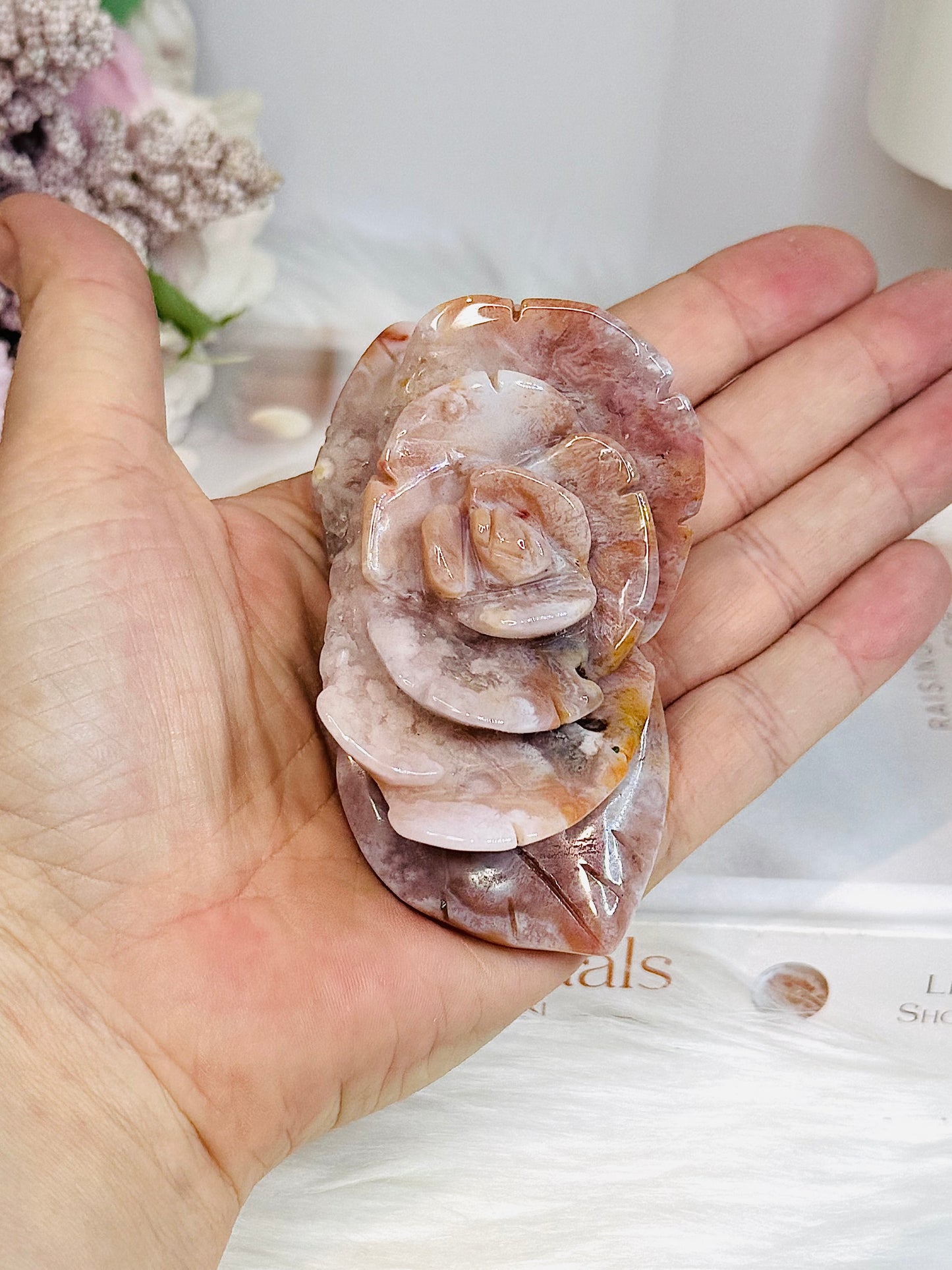 High Grade Flower Agate Carved Rose on Stand 8.5cm