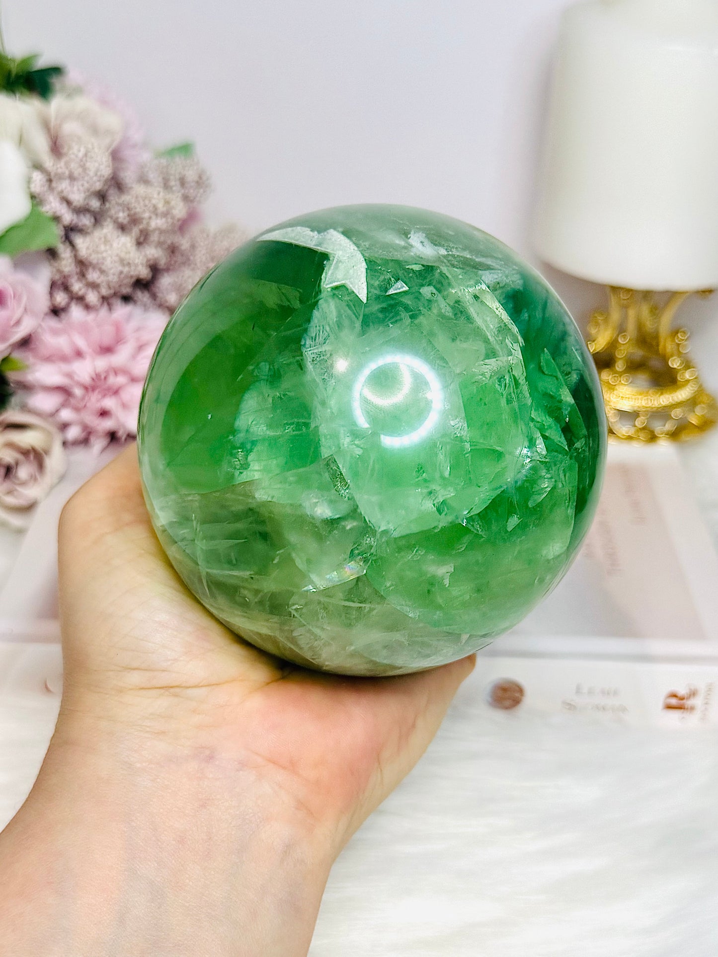 Huge Green Fluorite Sphere with Rainbows On Tall Glass Stand 1.4KG (stand can be changed)