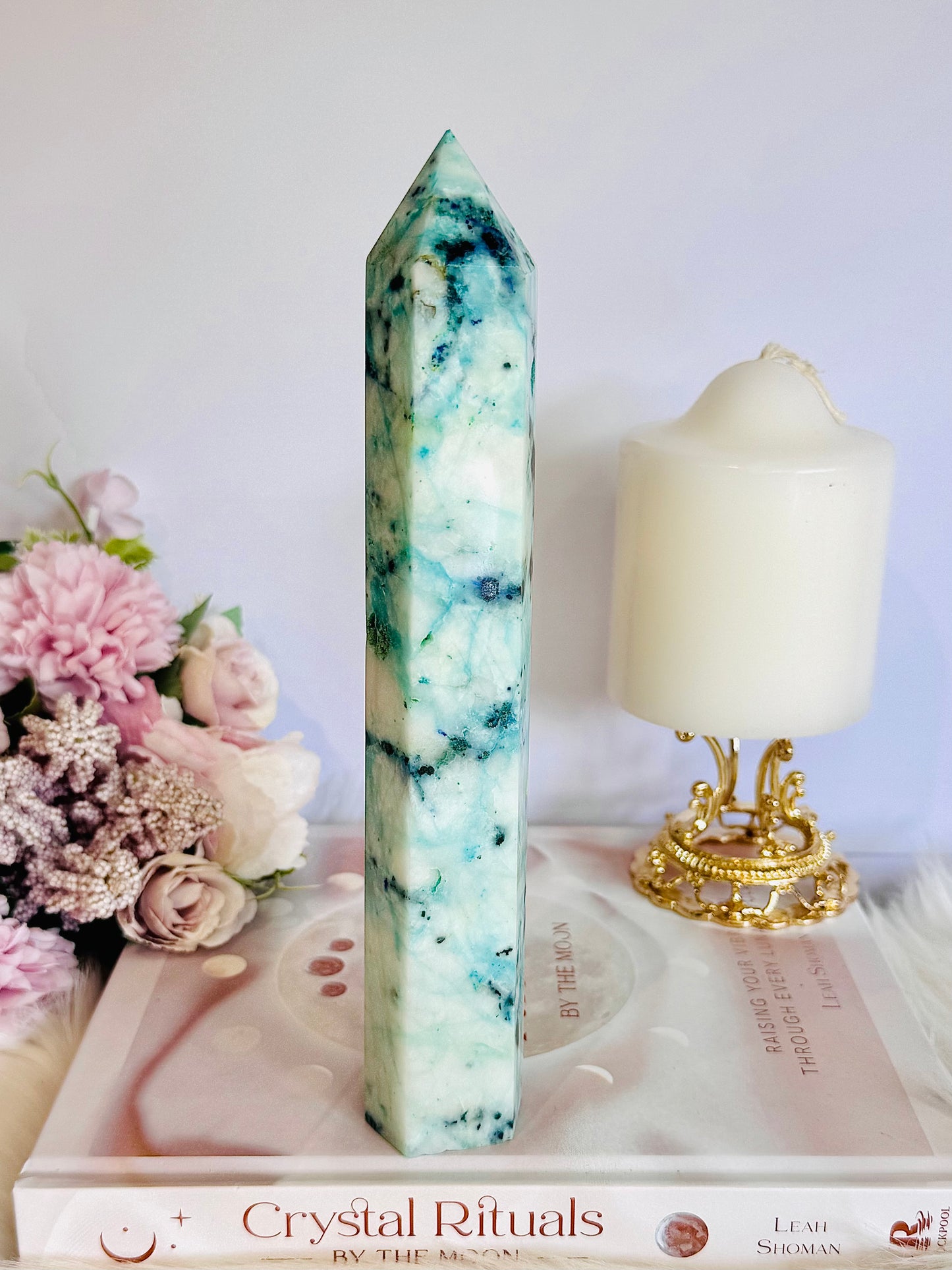 Large Natural 22cm Carved Phoenix Stone (Malachite, Turquoise, Crysocolla) Carved Tower