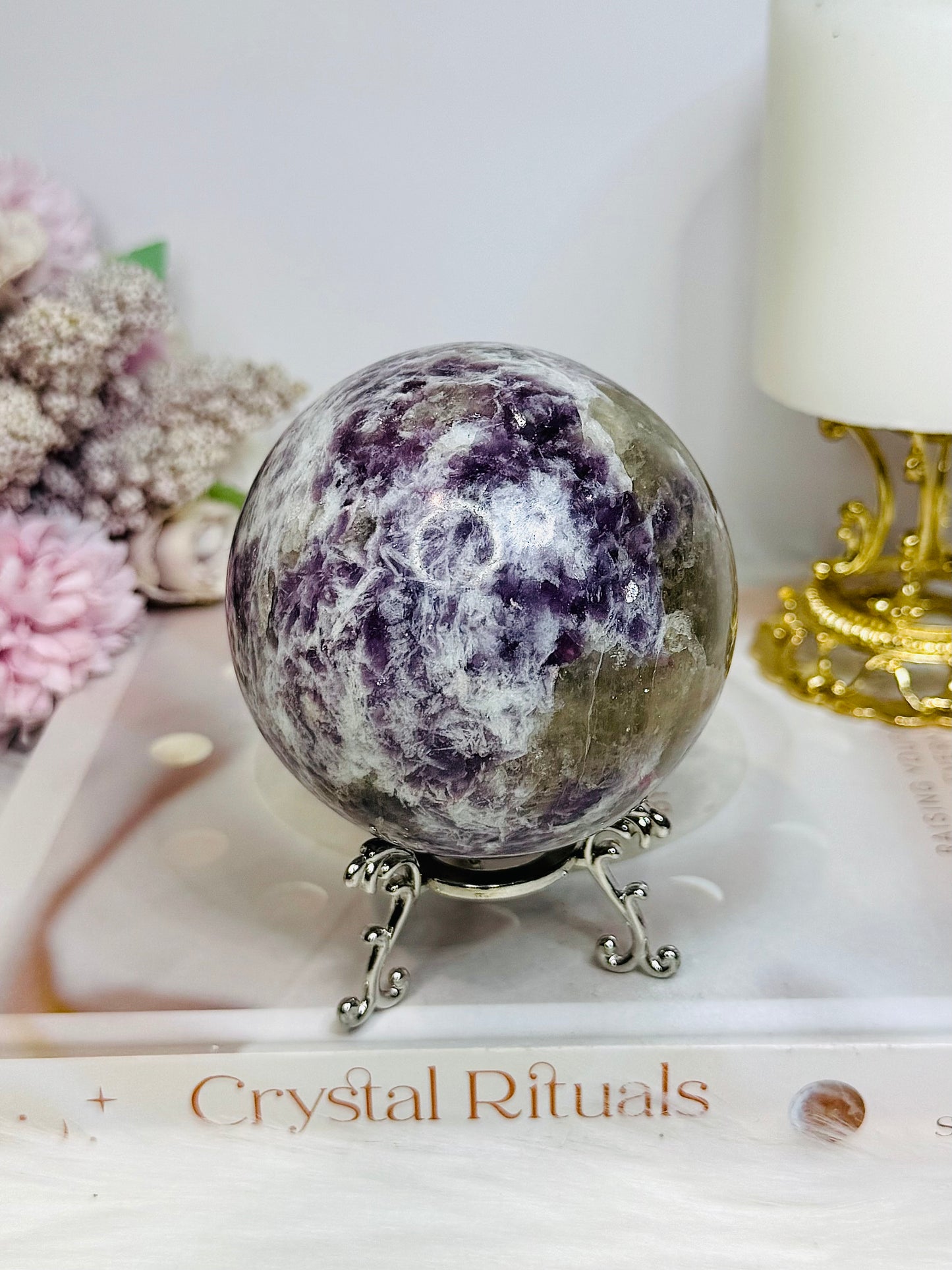 Large Pegmatite | Unicorn Stone (Lepidolite, Pink Tourmaline, Smoky Quartz & Cleavelandite) Sphere on Stand 600g