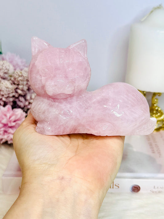 Large Rose Quartz Carved Cat 11cm 488g (Small Chip On Tail)