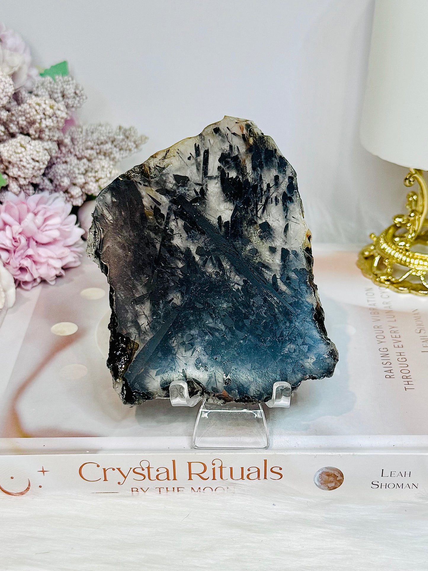 Black Tourmaline in Quartz Slab on Stand 11cm