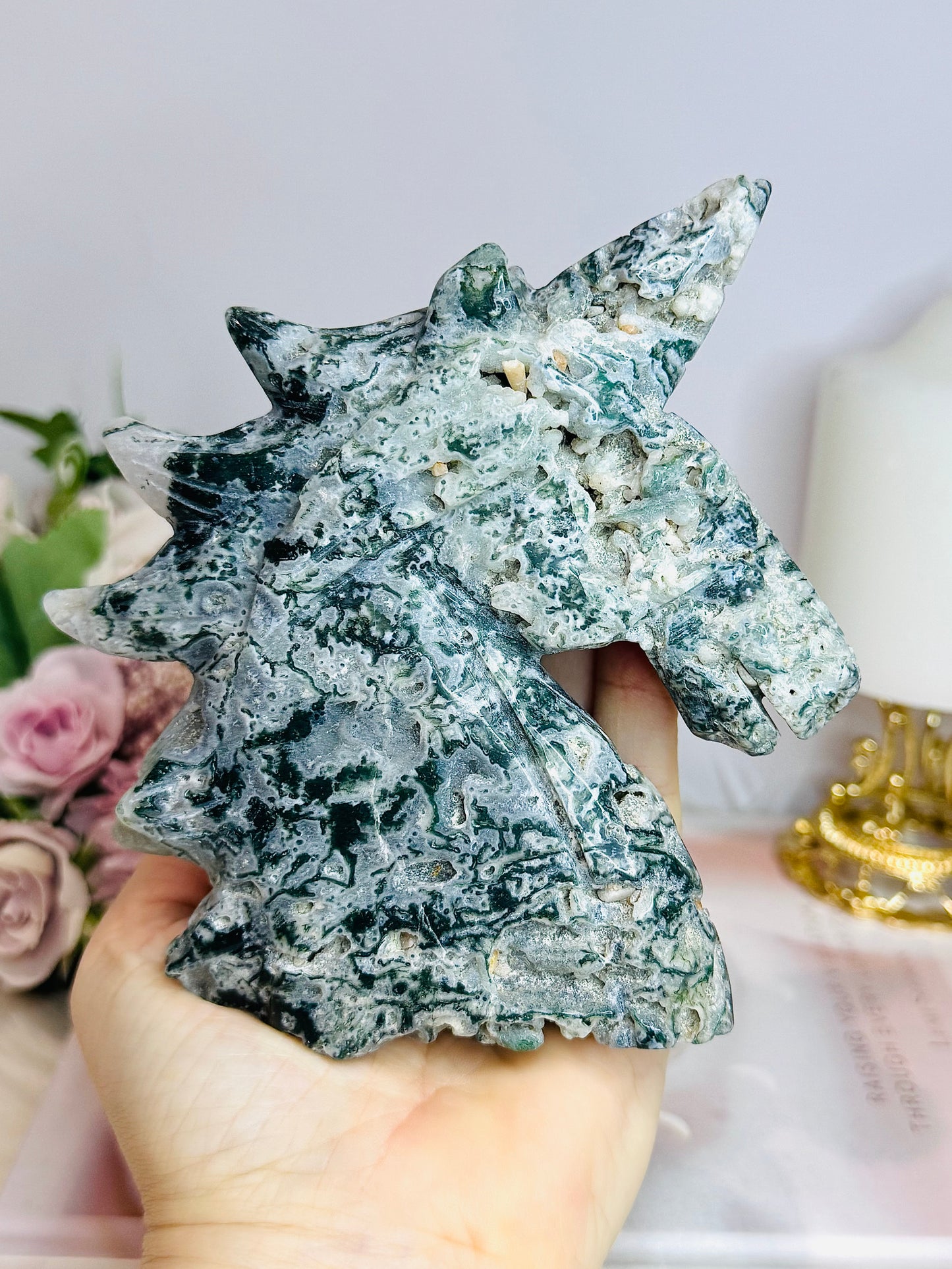 Moss Agate Druzy Unicorn Carving 13cm 420g