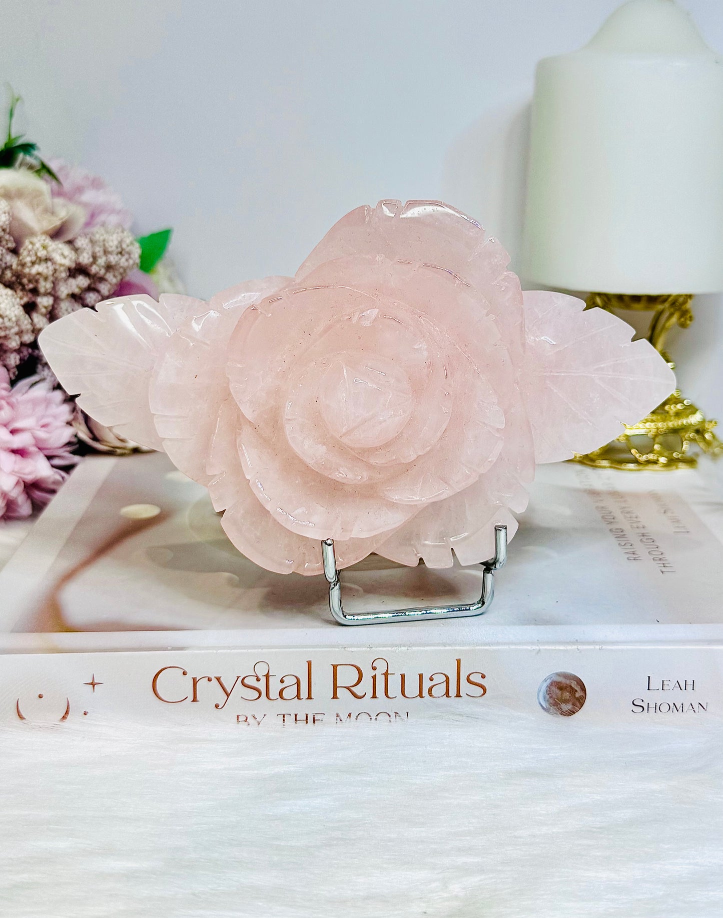 Large Rose Quartz Carved Rose | Flower 15.5cm