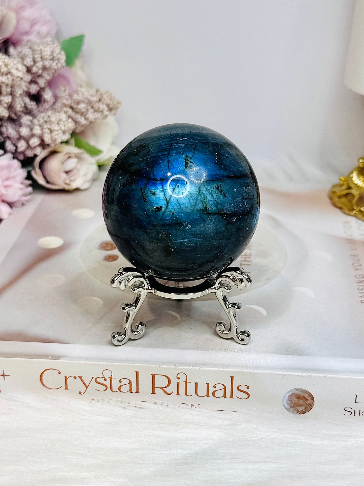 Large Blue Flash Labradorite Sphere On Stand 277g