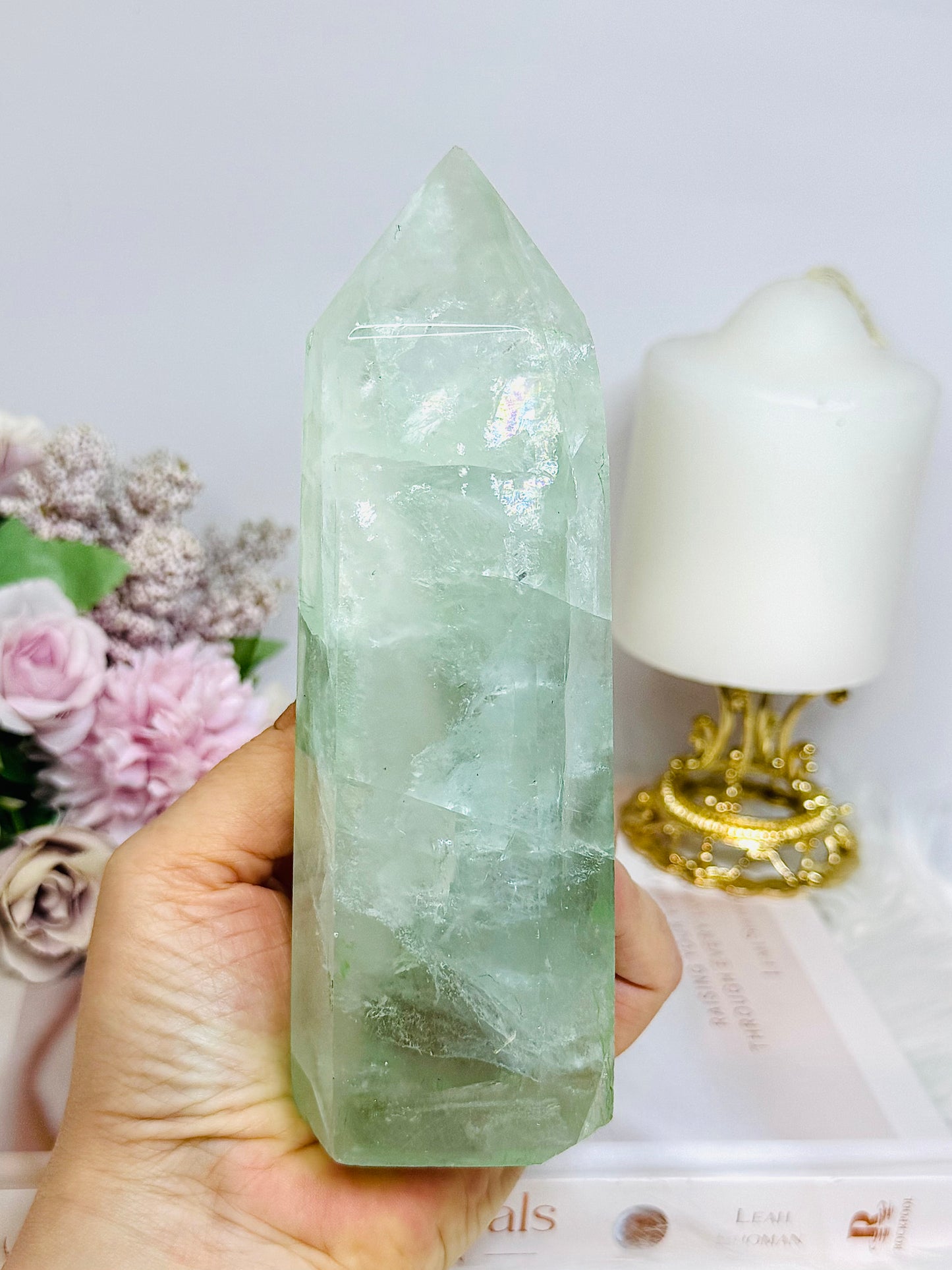 Large Green Fluorite Tower with Rainbows 15.5cm 650g