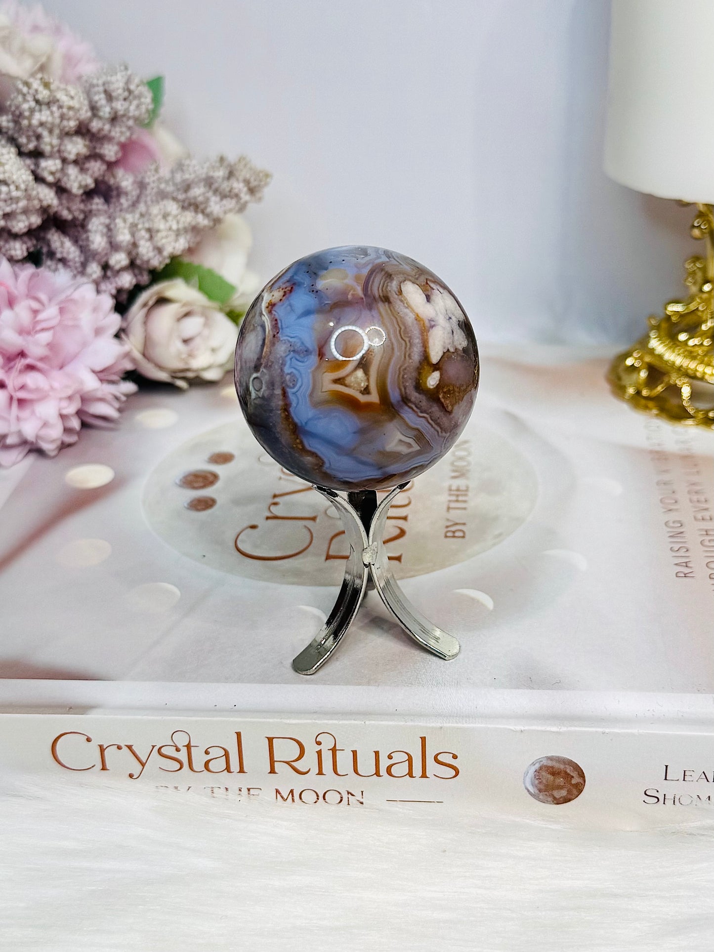 High Grade Blue Flower Agate Sphere on Stand 120g