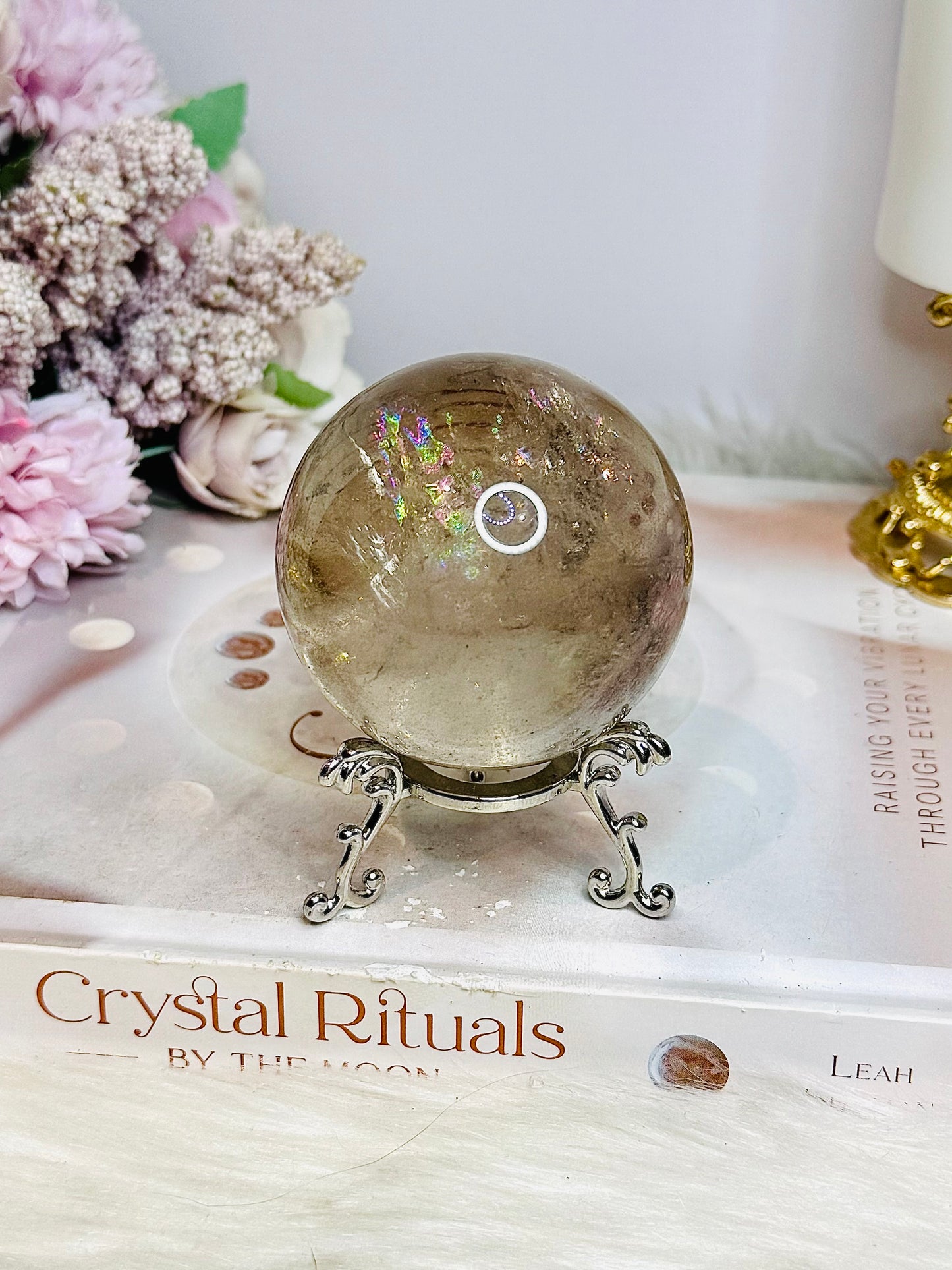 High Grade Smokey Quartz Sphere Full of Rainbows on Stand 307g