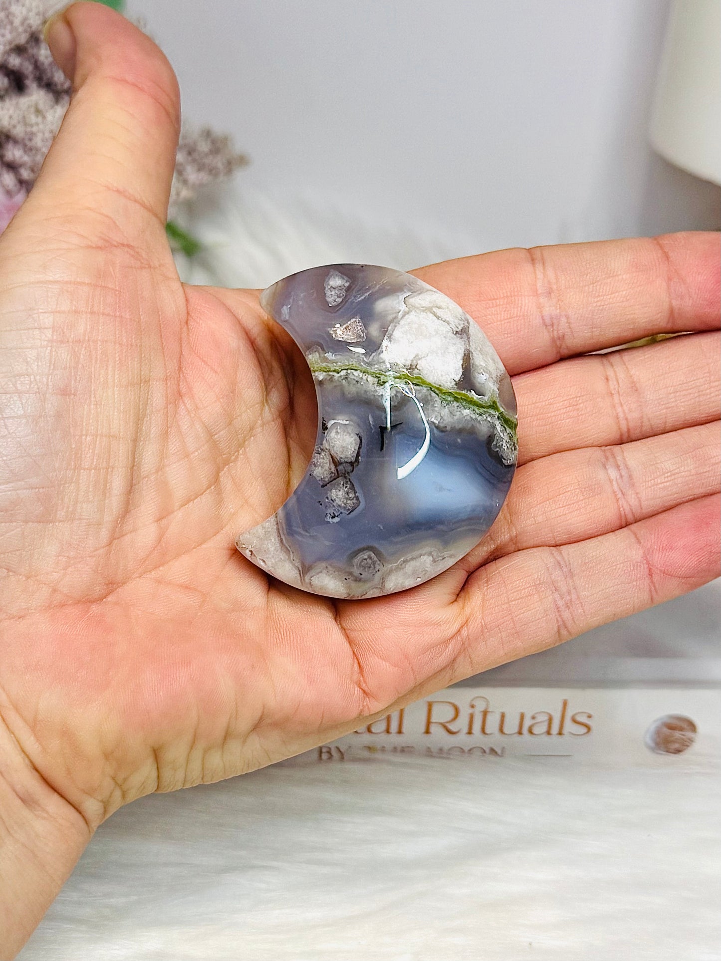 Chunky Flower Agate Carved Moon