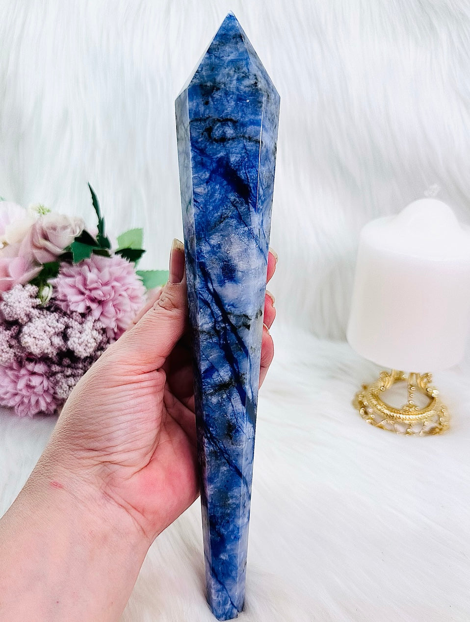 Classy & Absolutely Fabulous Huge 33cm Blue Sodalite Tower | Wand On Gold Stand