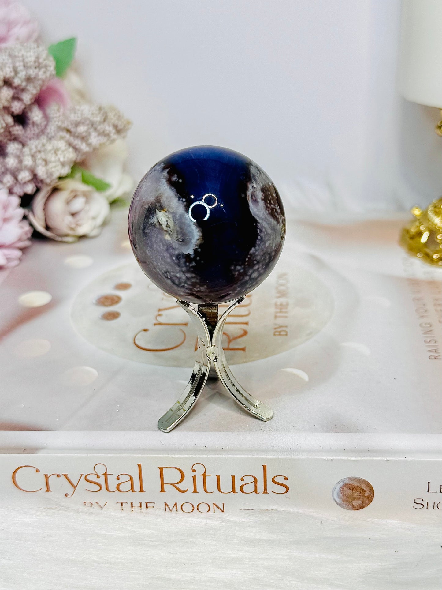 Blue Flower Agate Sphere on Stand 102g