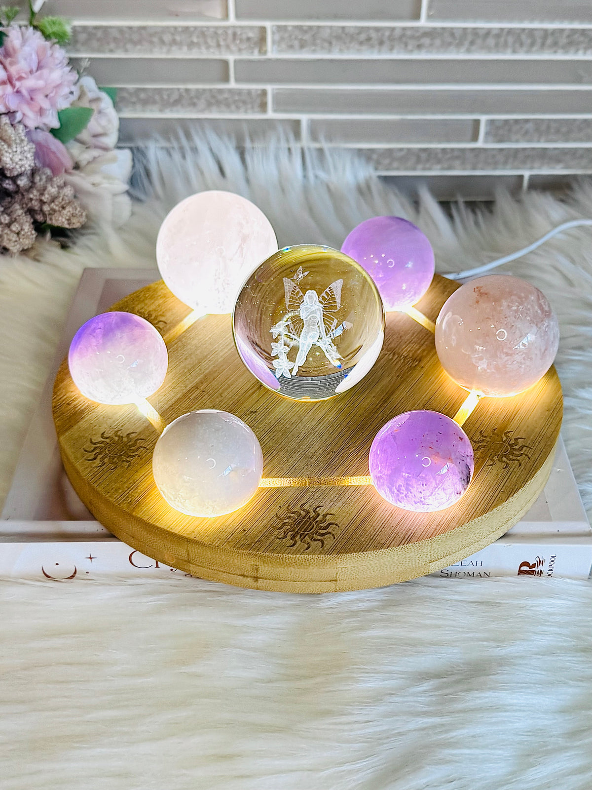 Feminine Energy ~ Large Light Stand 20cm with Glass Fairy Sphere, 3 Amethyst Spheres, Rose Quartz Sphere & 2 Pink Amethyst Spheres