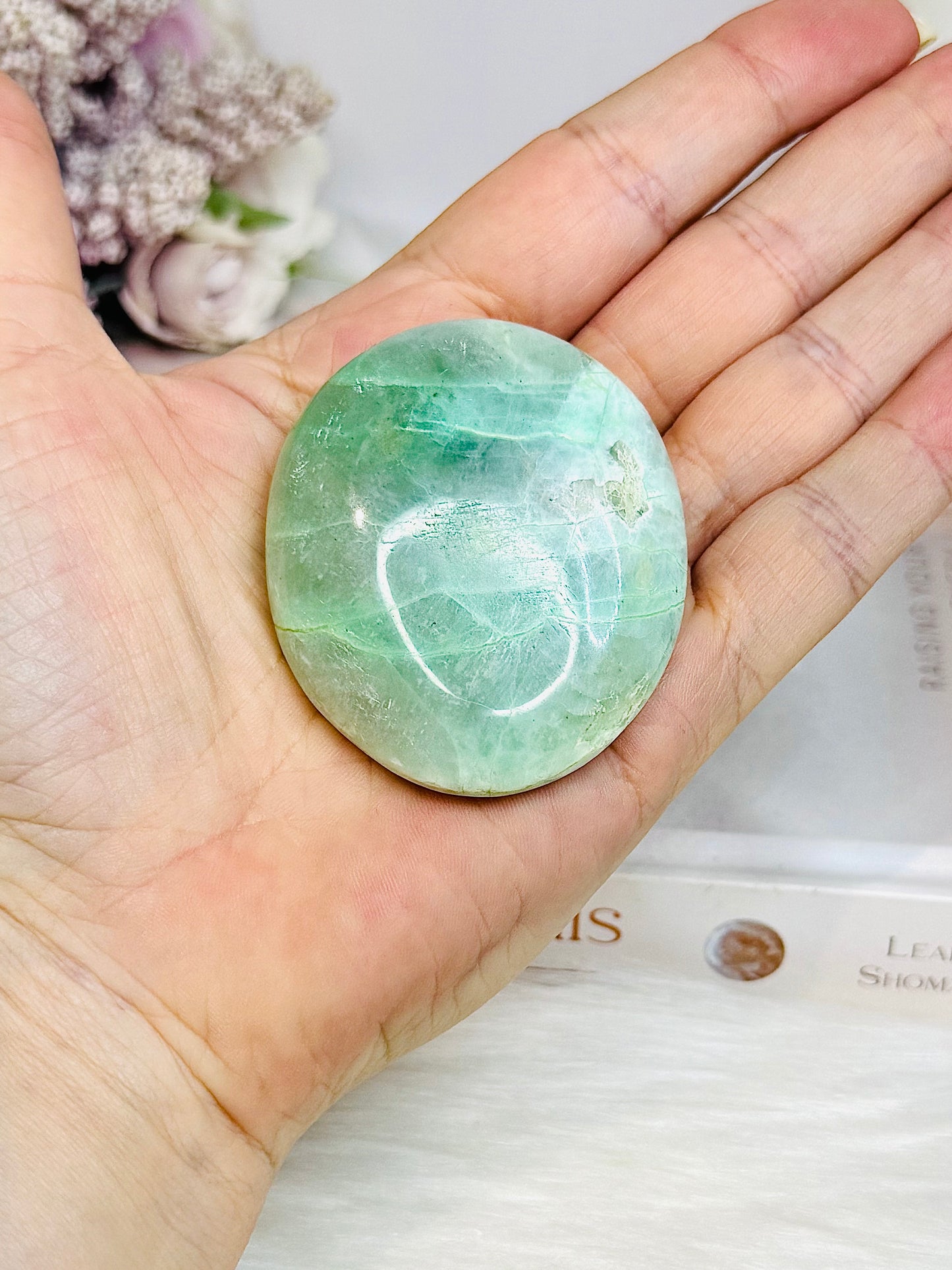 Green Moonstone Palm Stone (stand is display only)
