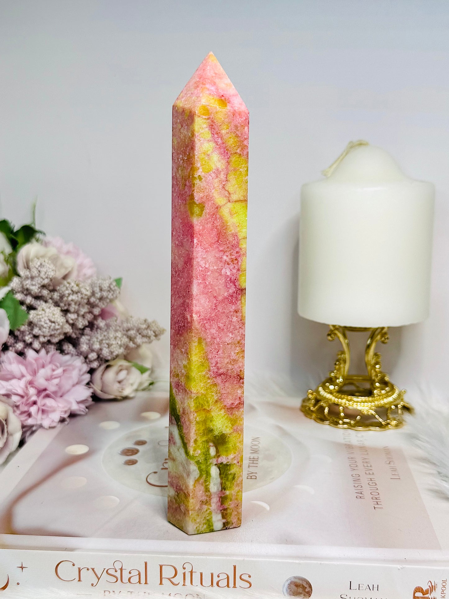 Rare Large Thulite Tower with Epidote Inclusions 19cm