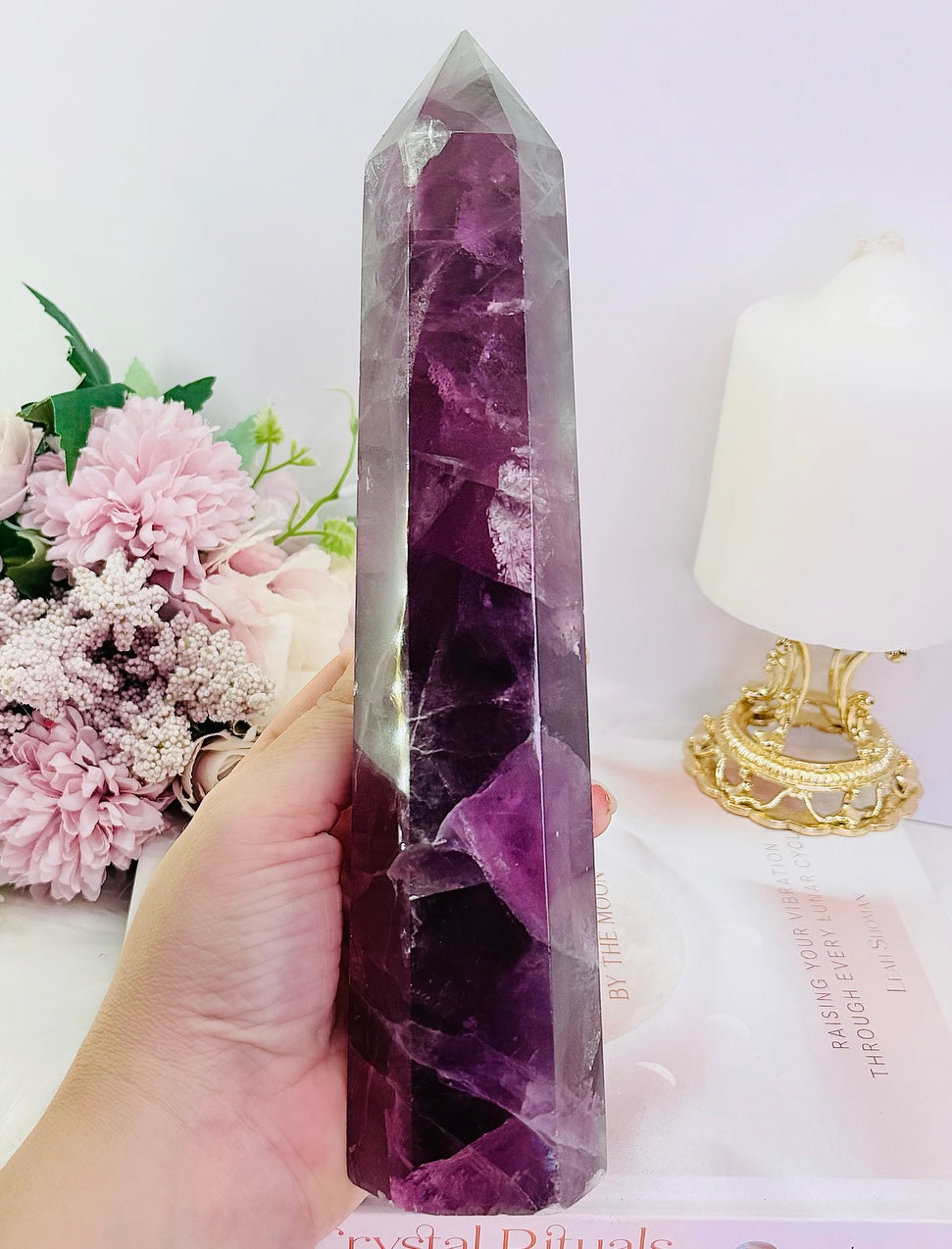 Fabulous Tall 23.5cm 968gram Purple Fluorite Tower with Rainbows