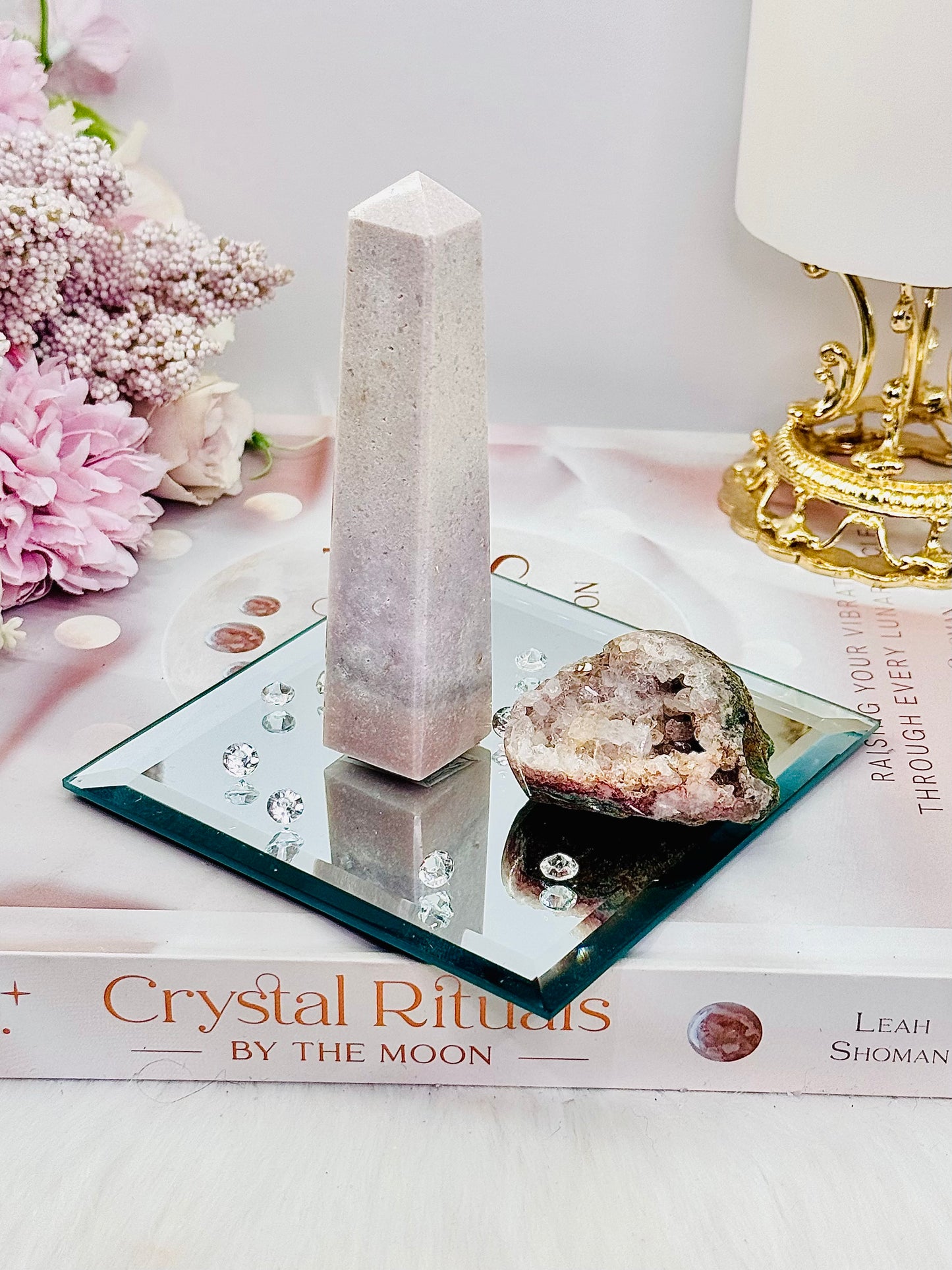 Pink Amethyst Gift Set ~ 10cm Mirror Tray, Pink Amethyst Tower & Natural Freeform