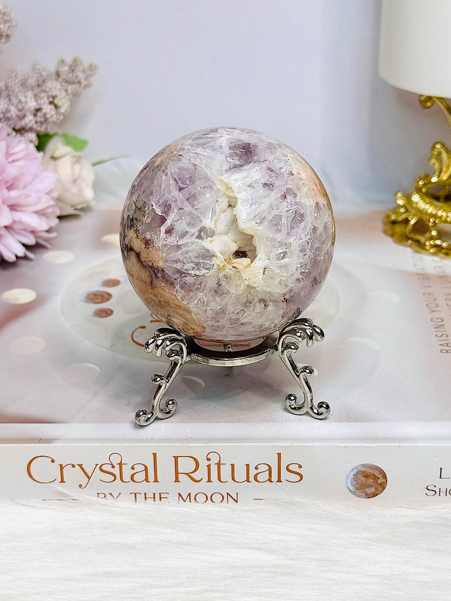 High Grade Pink Amethyst Sugar Druzy Sphere on Stand 281g