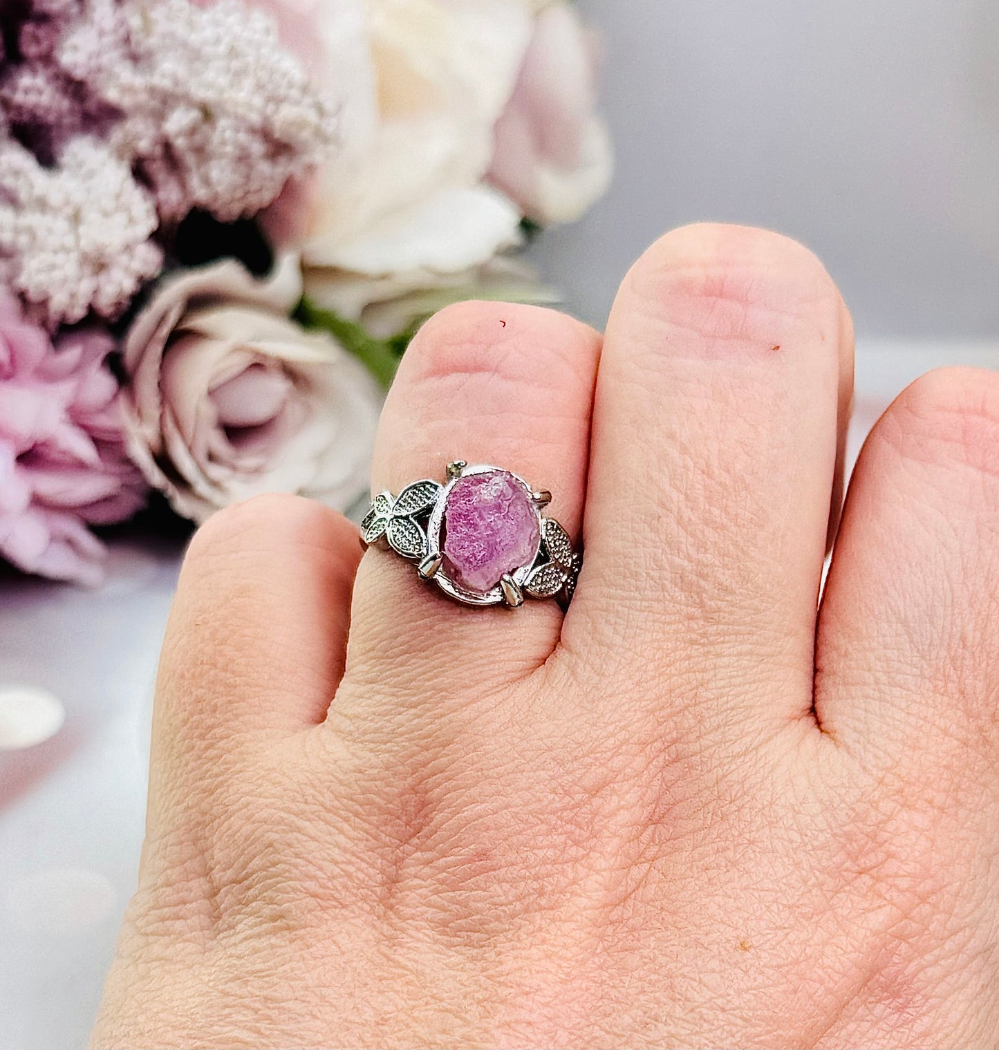 Raw Natural Kunzite Adjustable Silver Ring in Gift Bag