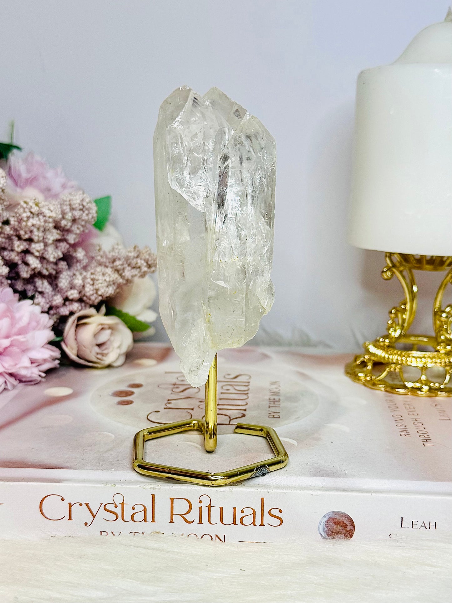Clear Quartz Double Terminated Point Tower on Gold Stand 13cm