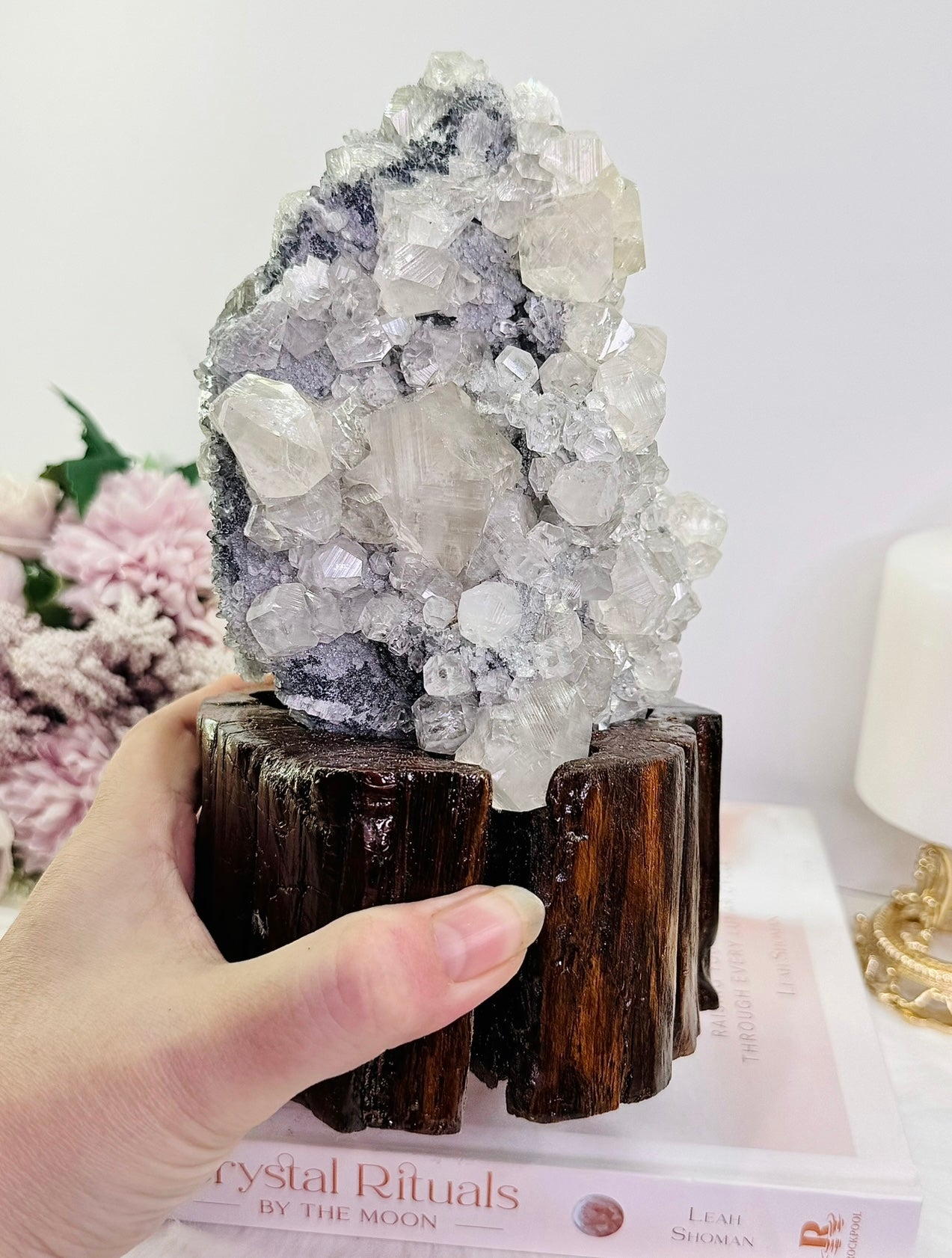 Natural Gorgeous Large Calcite Cluster 20cm On Timber Stand (UV Reactive) 1.86KG