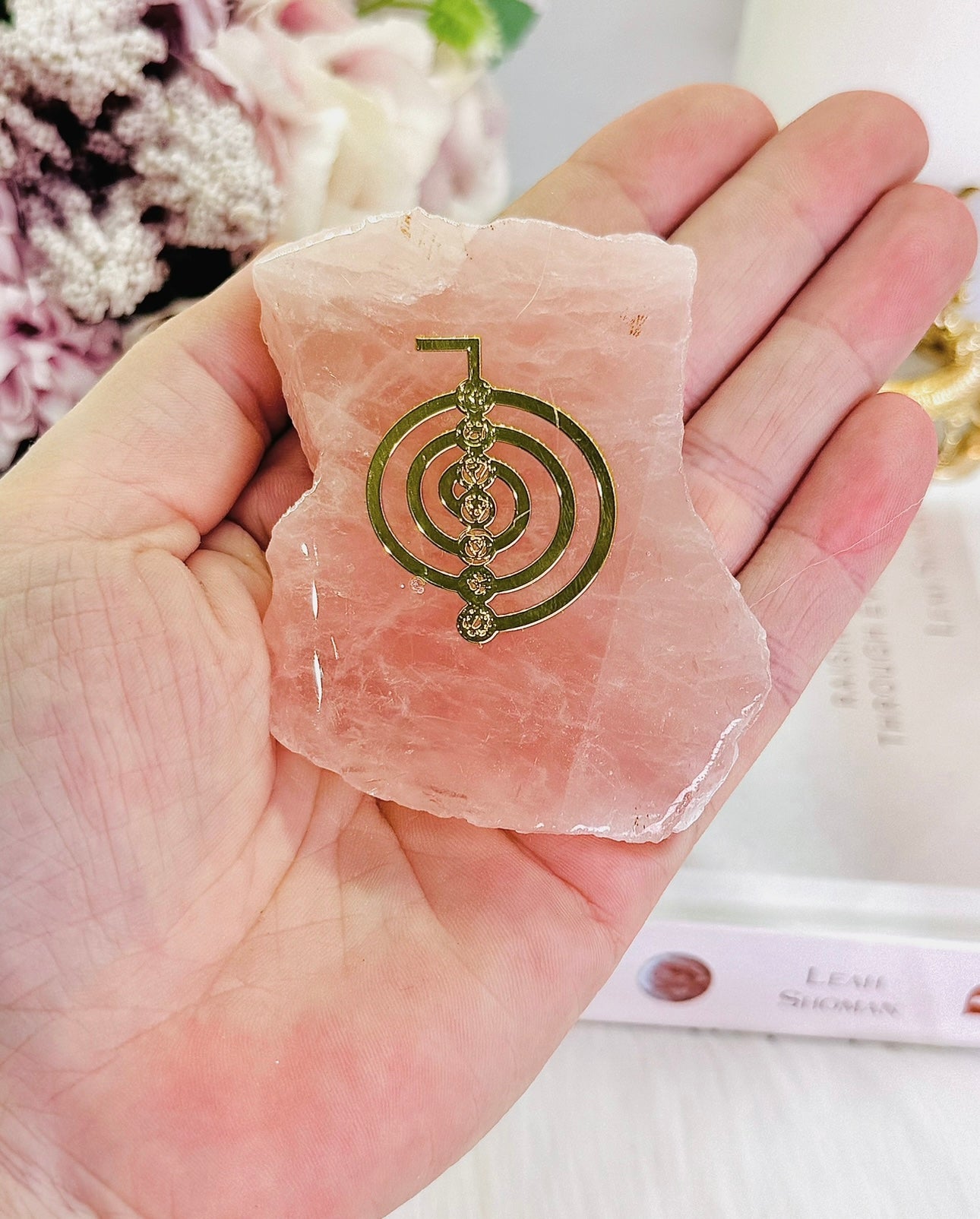 Natural Rose Quartz Slab with Gold Reike Symbol