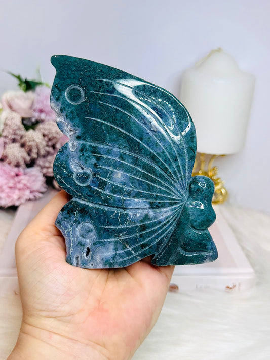 Large Moss Agate Druzy Fairy Carving 11cm