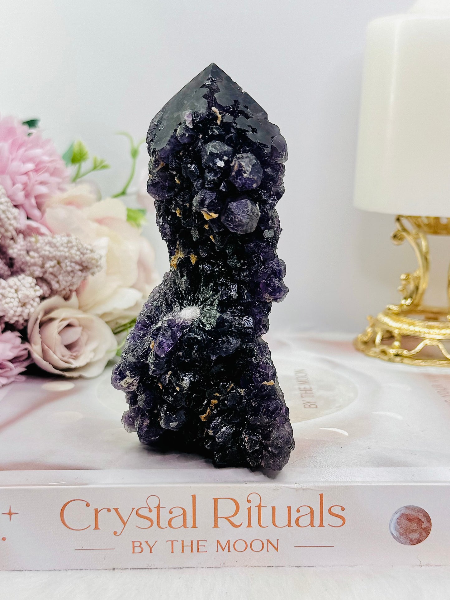 Natural Purple Root Fluorite Druzy Tower 11cm