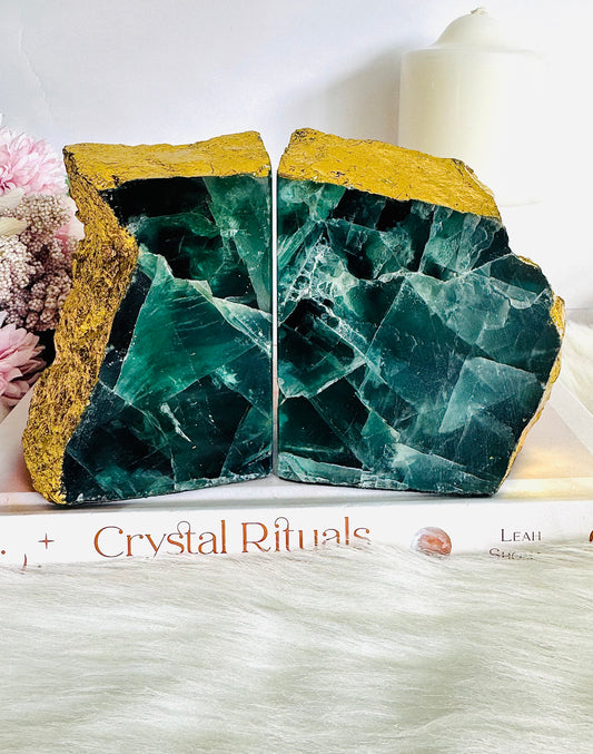 Absolutely Stunning Large Chunky 1.82KG Green Fluorite Gold Plated Book Ends