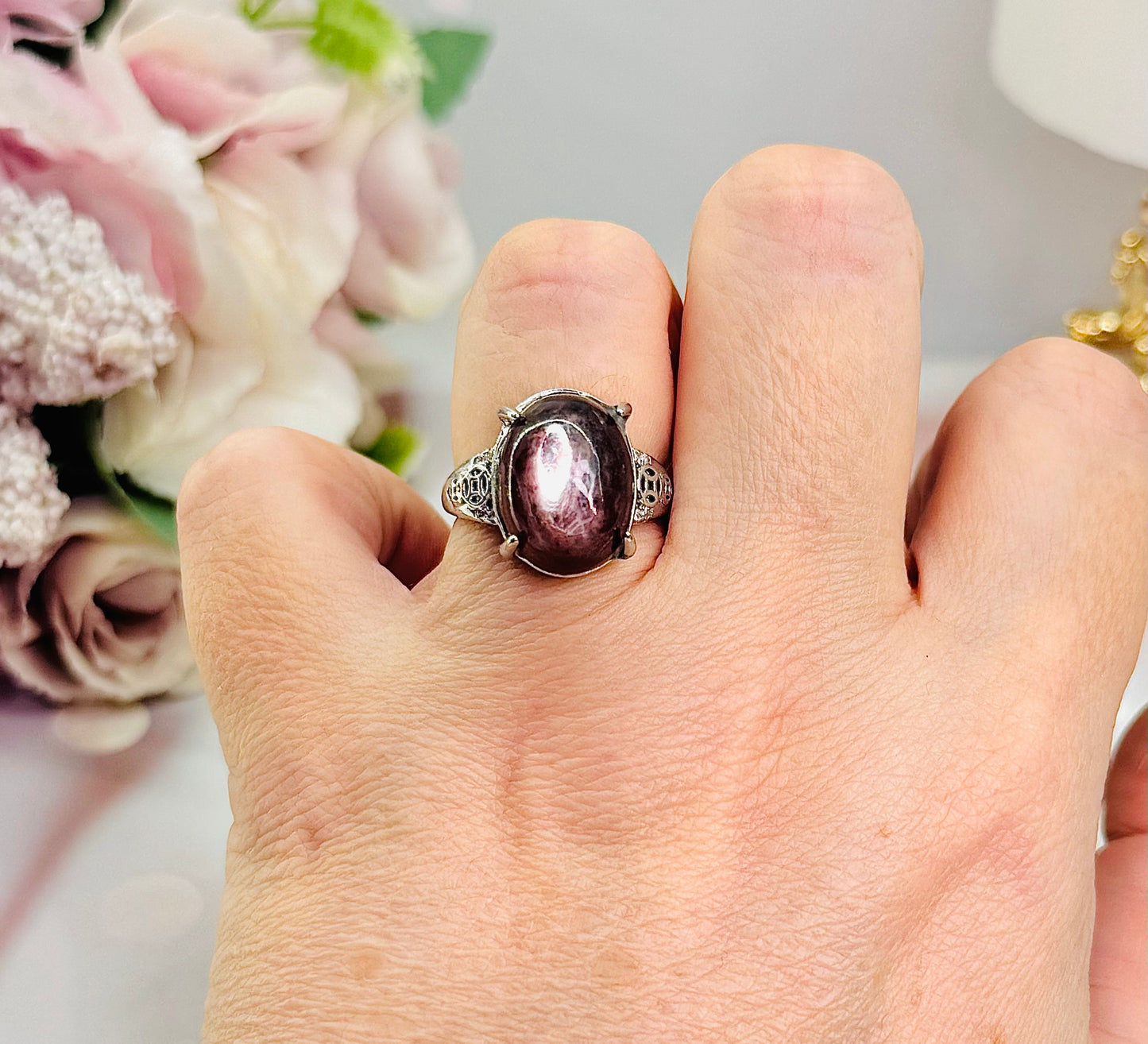 Beautiful Purple Mica Adjustable Silver Ring In Gift Bag