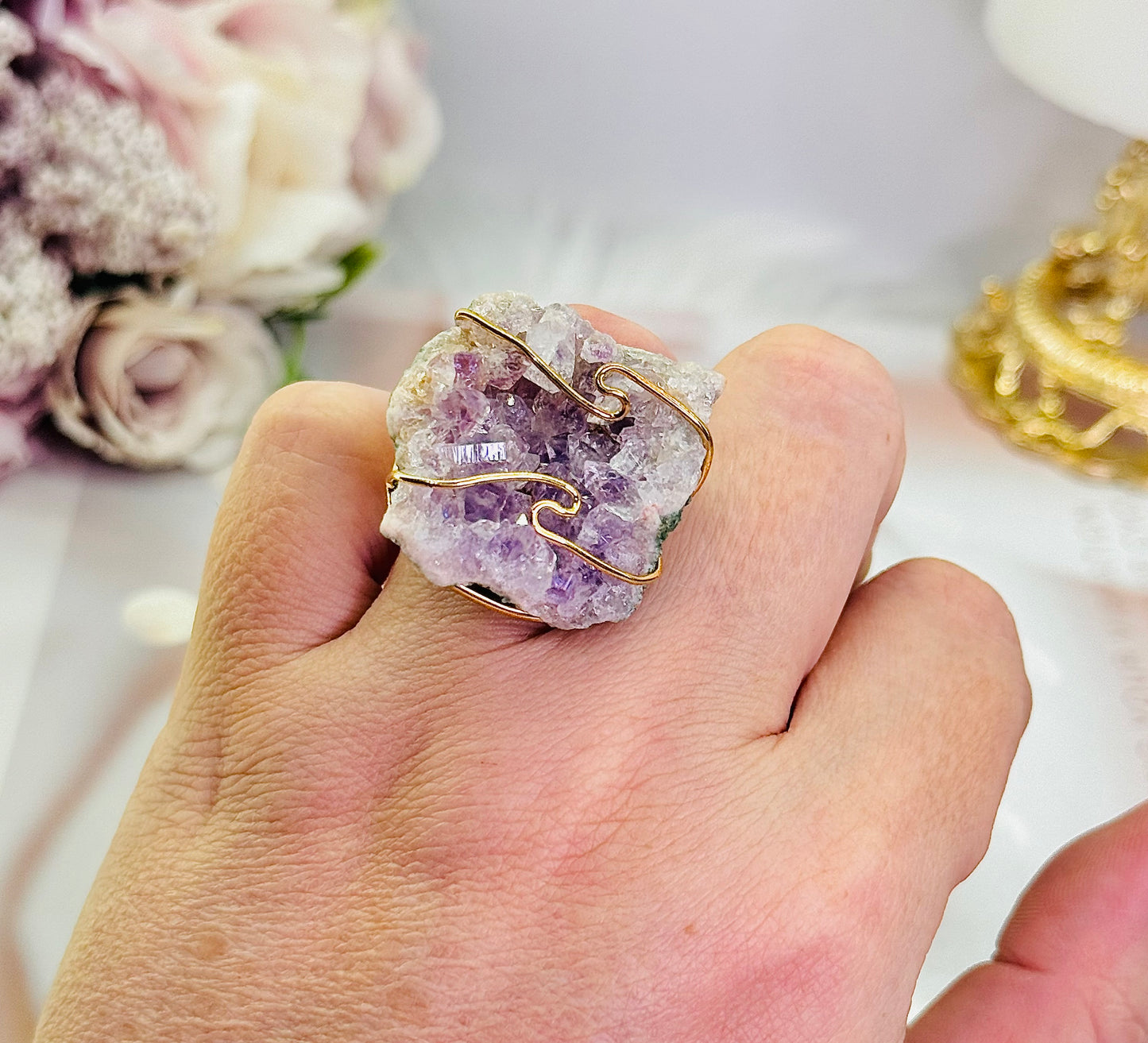 The Most Exquisite High Grade Druzy Amethyst Gold Plated Adjustable Ring From Brazil