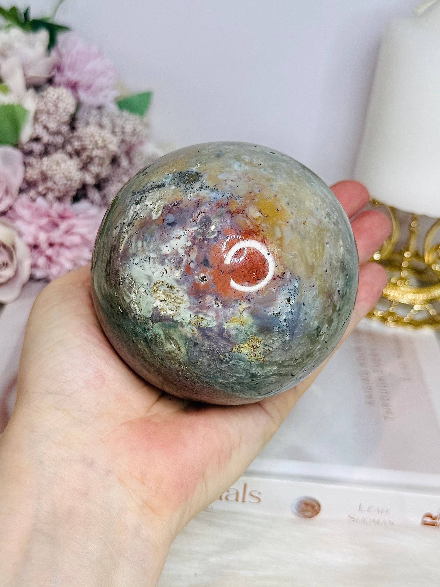 Large Ocean Jasper Sphere on Stand 840g