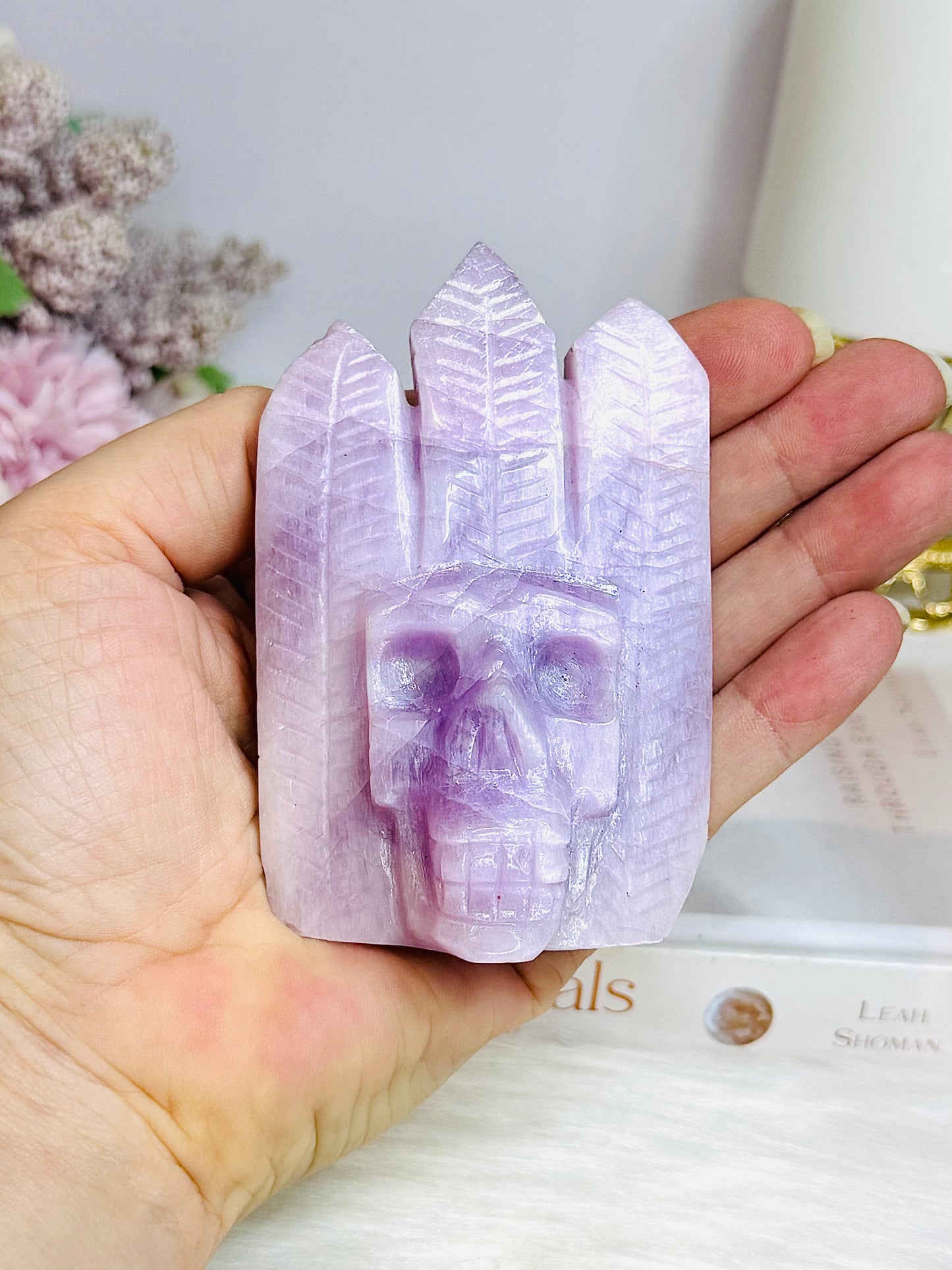 High Grade Kunzite Carved Indian Skull 9cm 200g