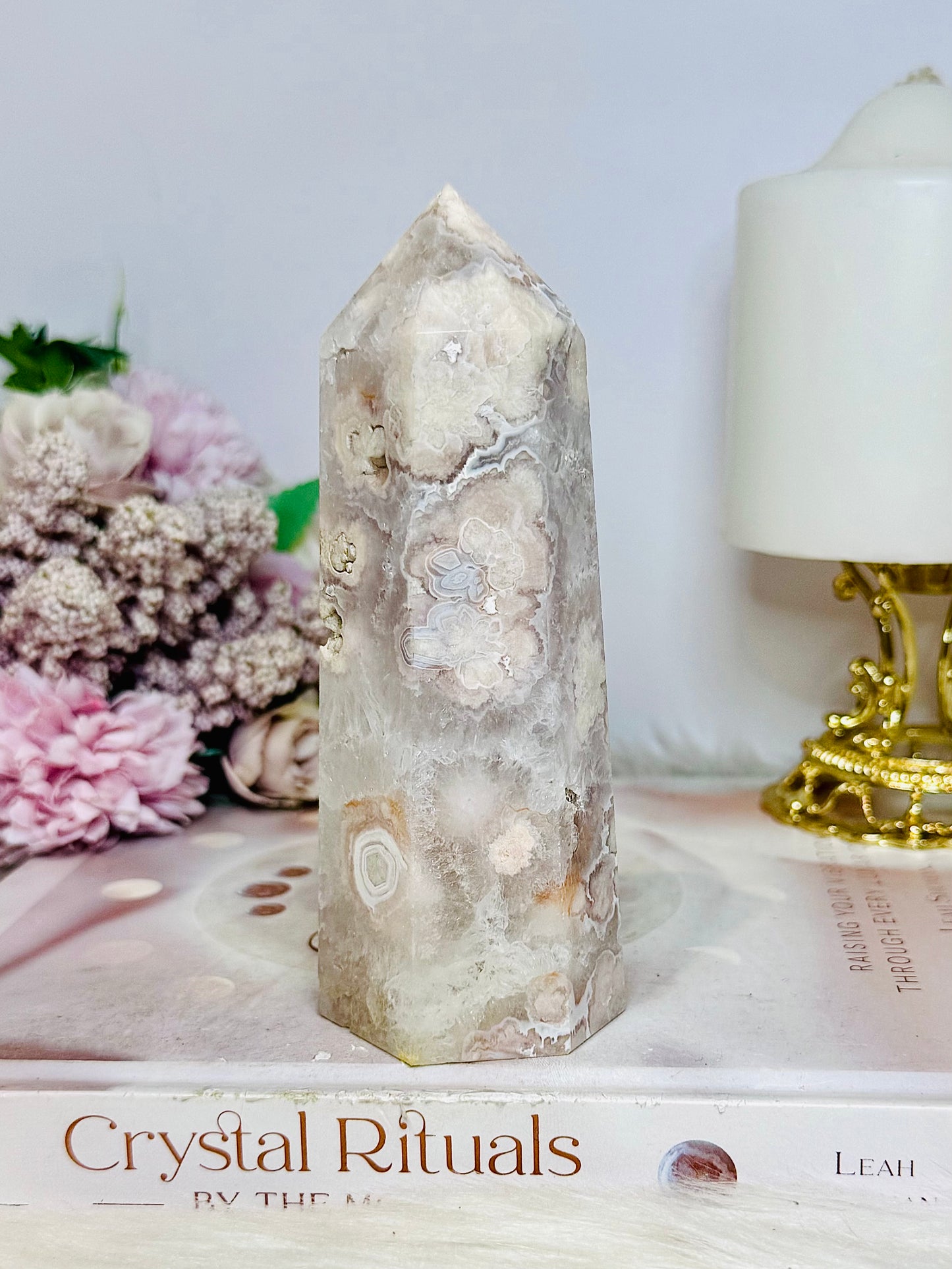 High Grade Flower Agate Druzy Tower 13cm
