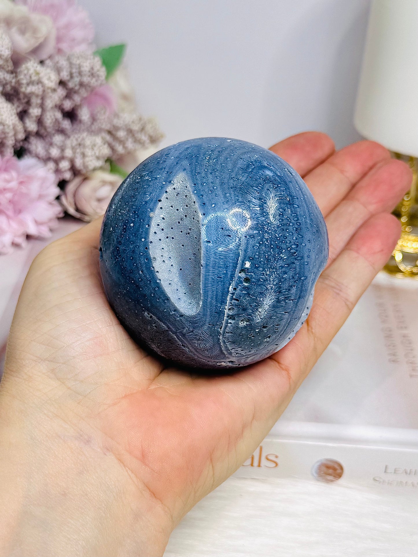Rare Blue Coral Fossil Sphere on Stand 305g