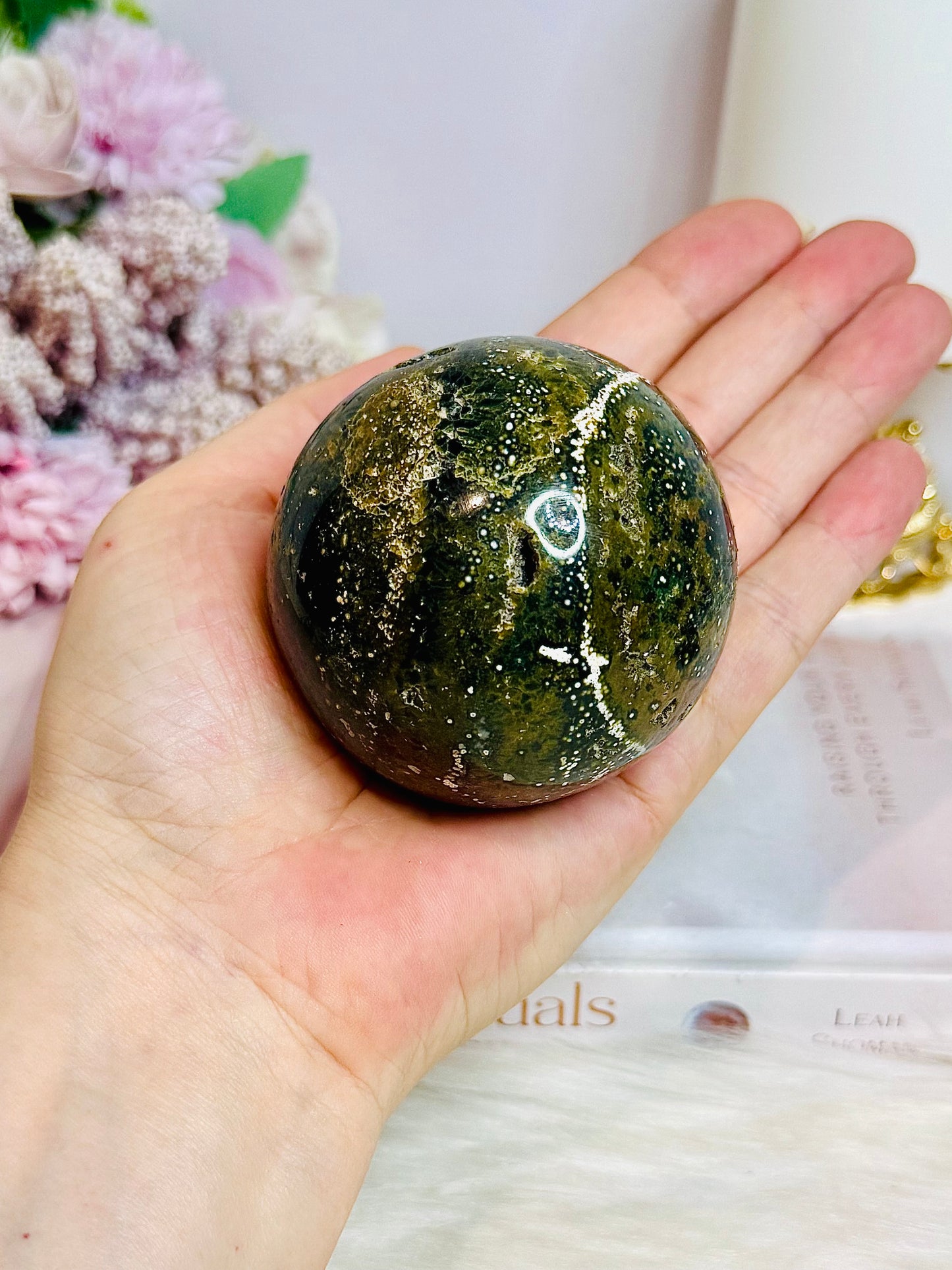 Large Orbicular Jasper Sphere 335g On Stand