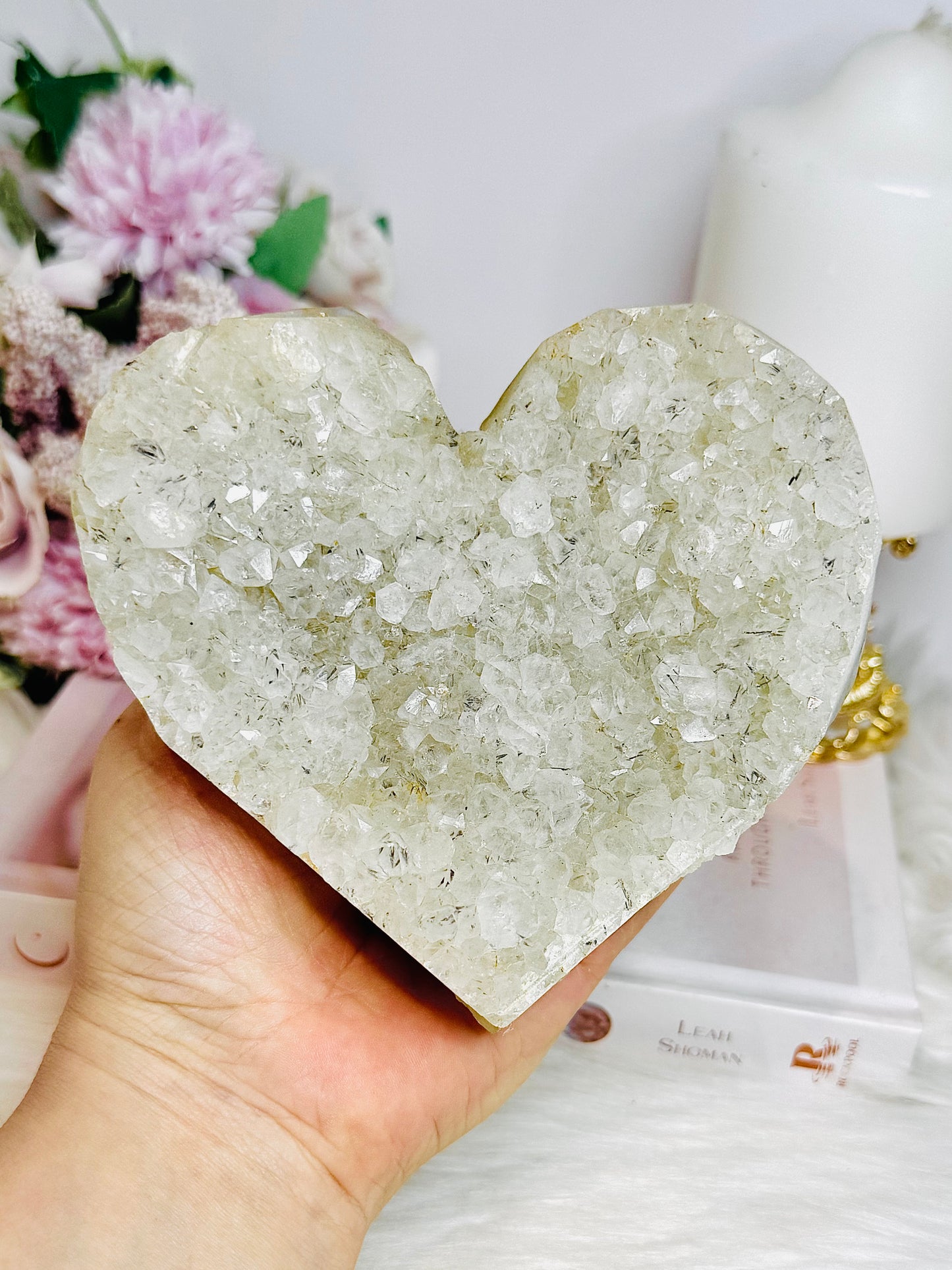 Large Quartz Cluster Carved Heart with Black Tourmaline Inclusions 12cm 801g