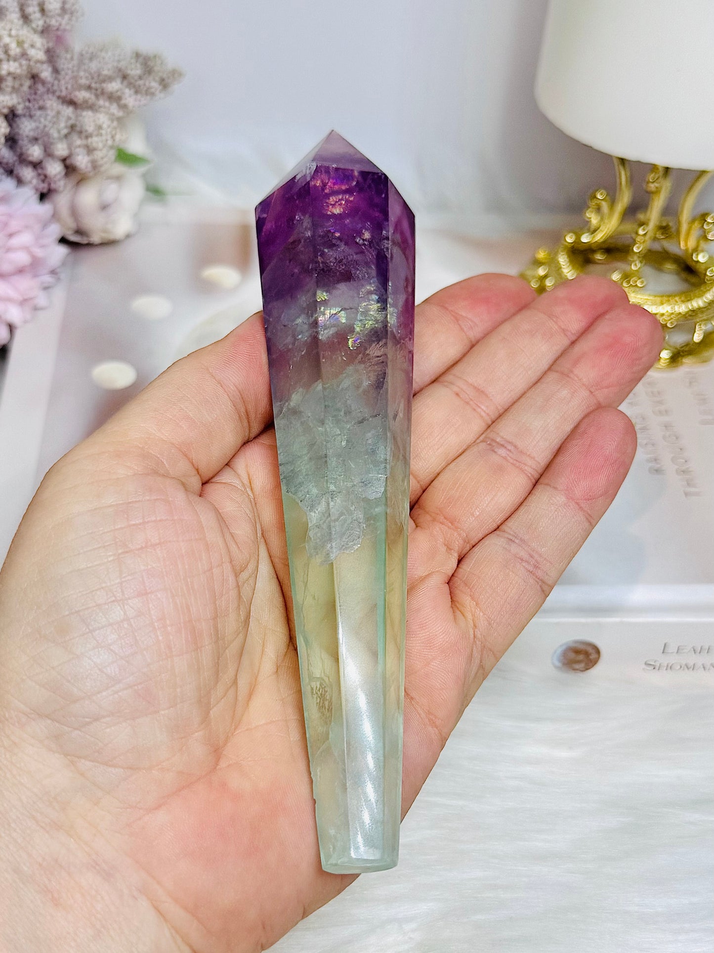 Watermelon Fluorite Tower | Wand with Rainbows 15.5cm
