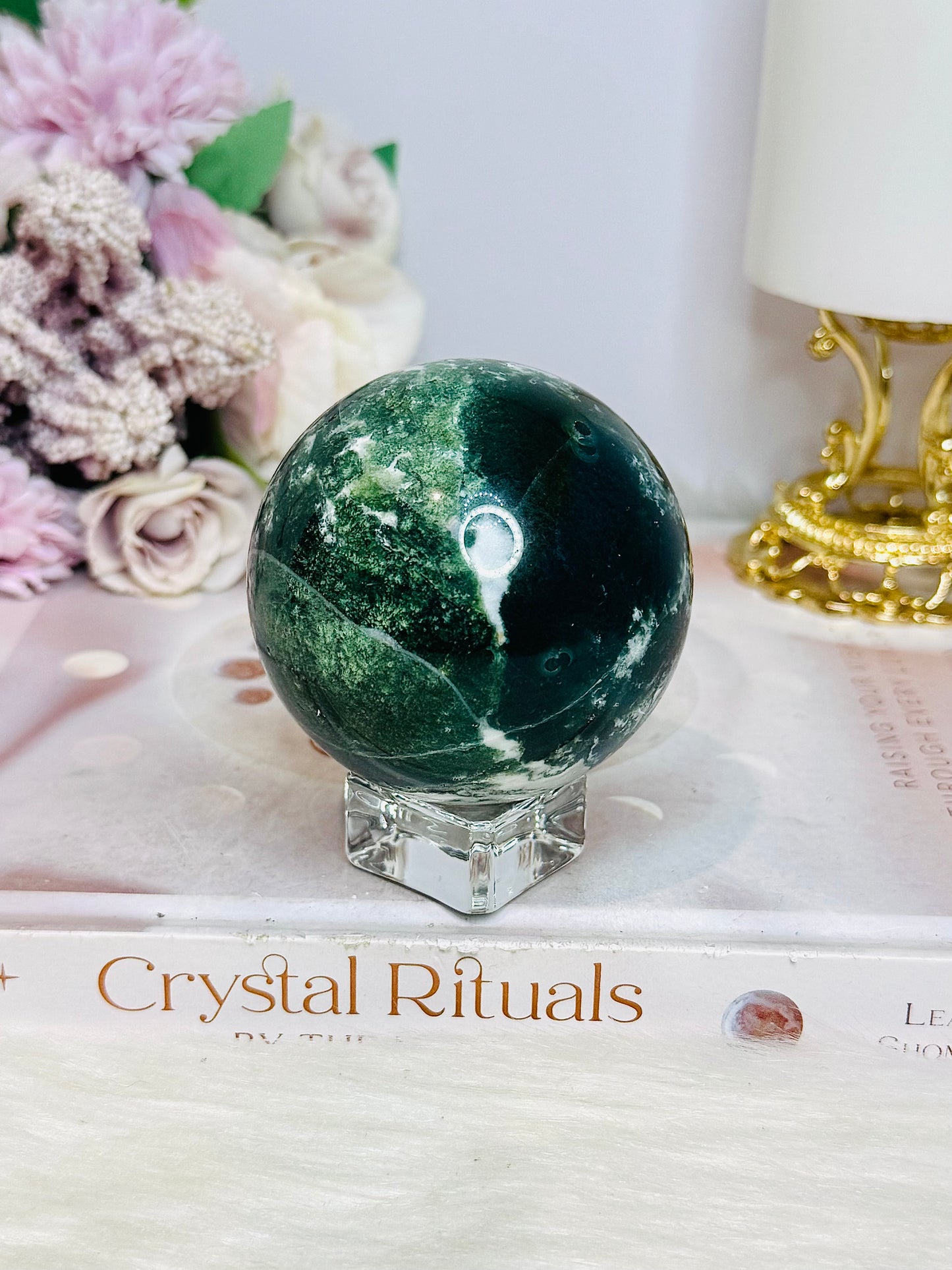 Large Moss Agate Druzy Sphere On Stand 344g