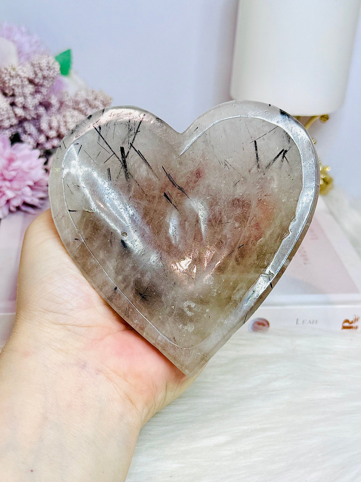 Large Chunky Black Tourmaline In Quartz Carved Heart Bowl 395g